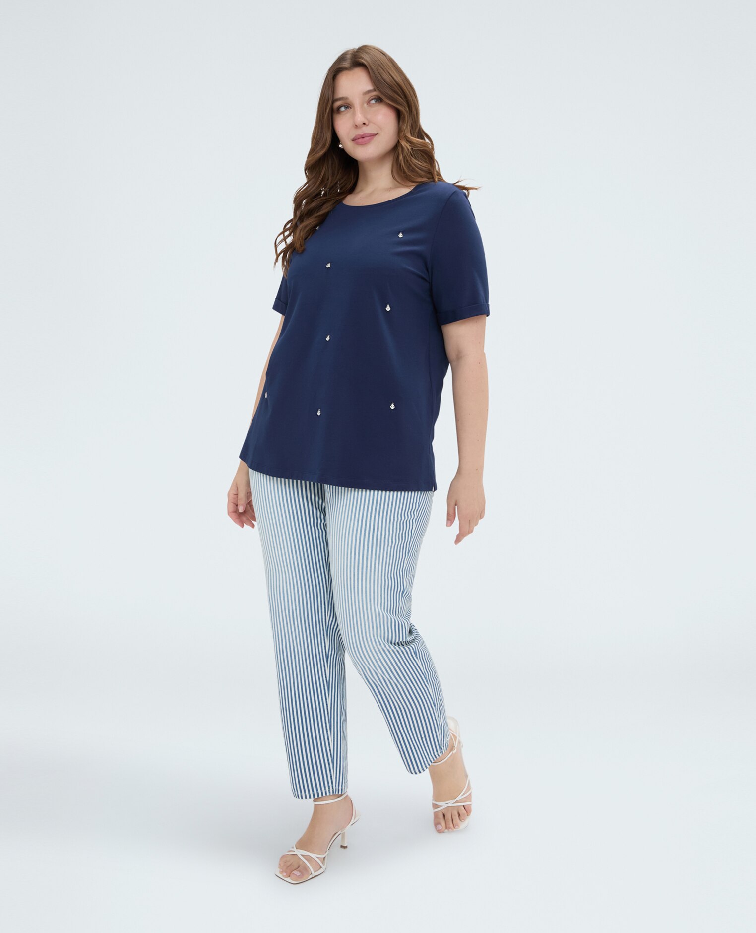 Camiseta de mujer de algodón con charms charms de anclas en la parte delantera - Fiorella Rubino - Azul Azul-3