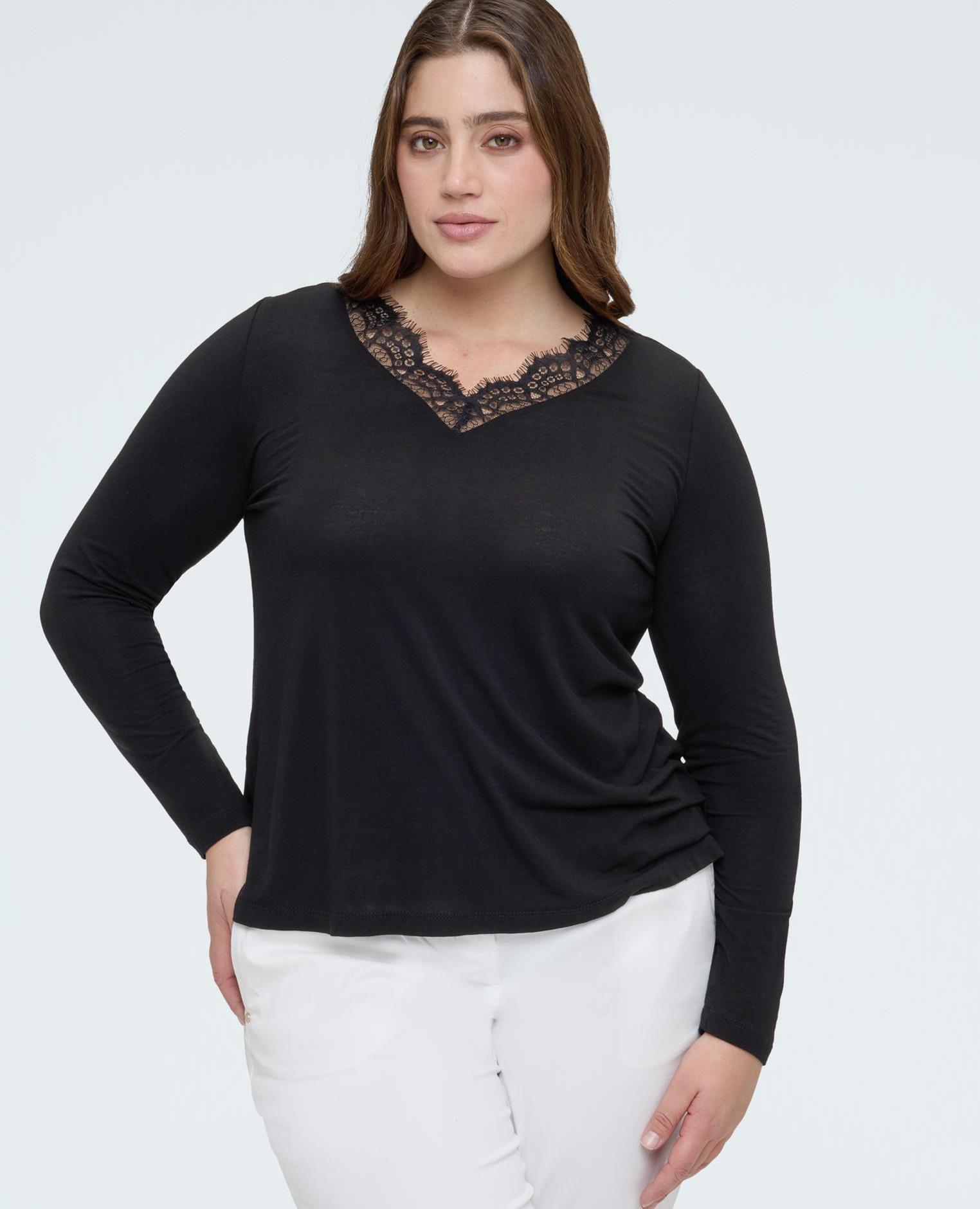 Camiseta de mujer de mezcla de lana con encaje - Fiorella Rubino - Negro Negro-1