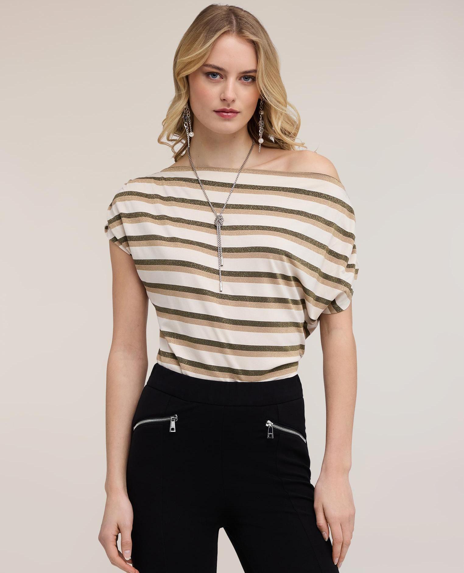 Motivi - Camiseta de mujer de rayas lurex ajuste boxy con escote barco.