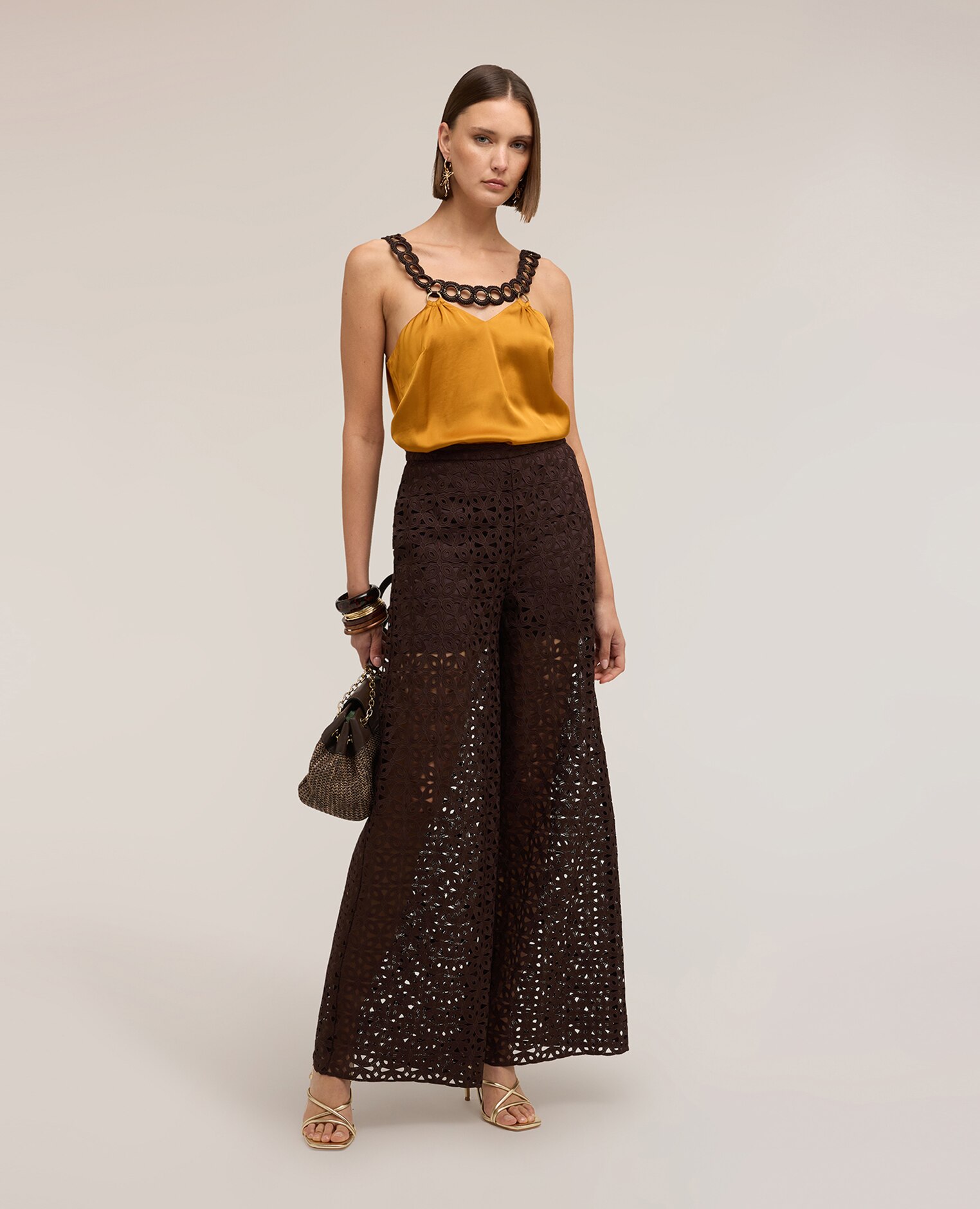 Top de mujer de raso con detalle metálico ajuste regular de línea recta - Motivi - Amarillo Amarillo-3