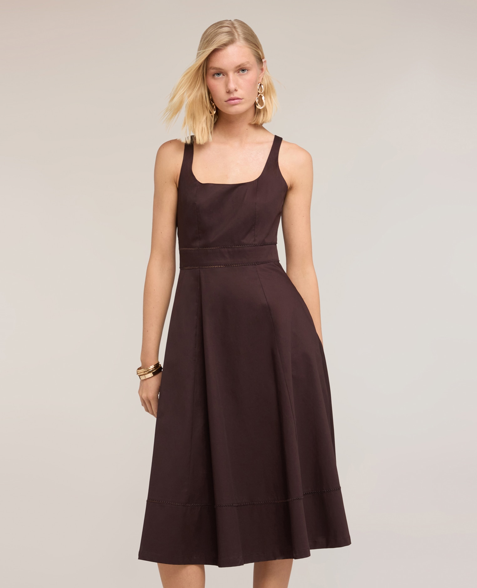 Vestido flare en popelín con ajouré cierre con cremallera falda acampanada - Motivi - Marrón Marrón-3