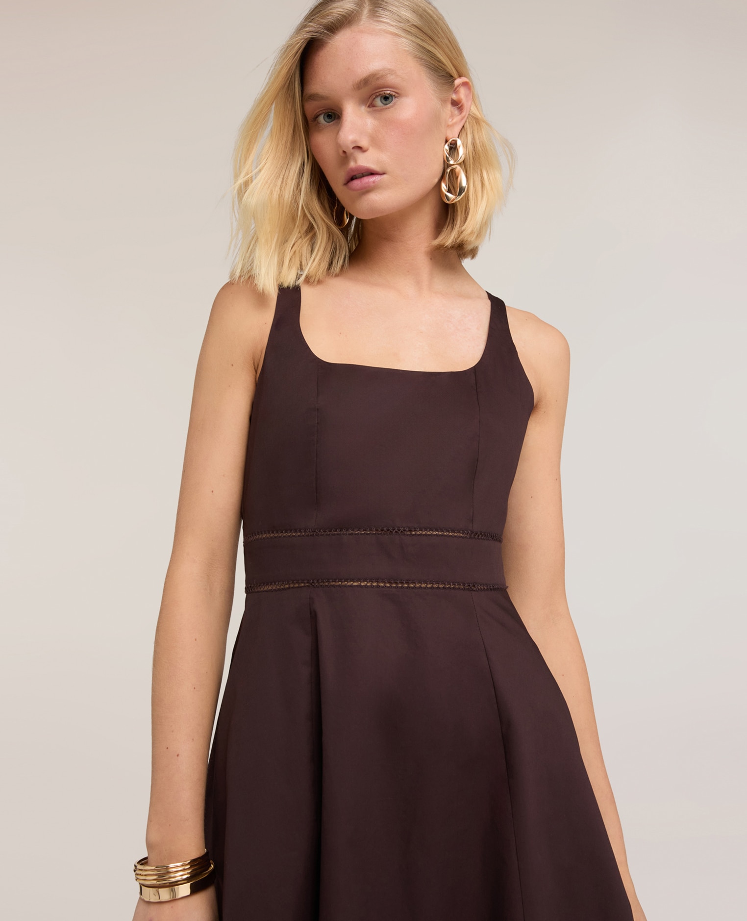 Vestido flare en popelín con ajouré cierre con cremallera falda acampanada - Motivi - Marrón Marrón-4