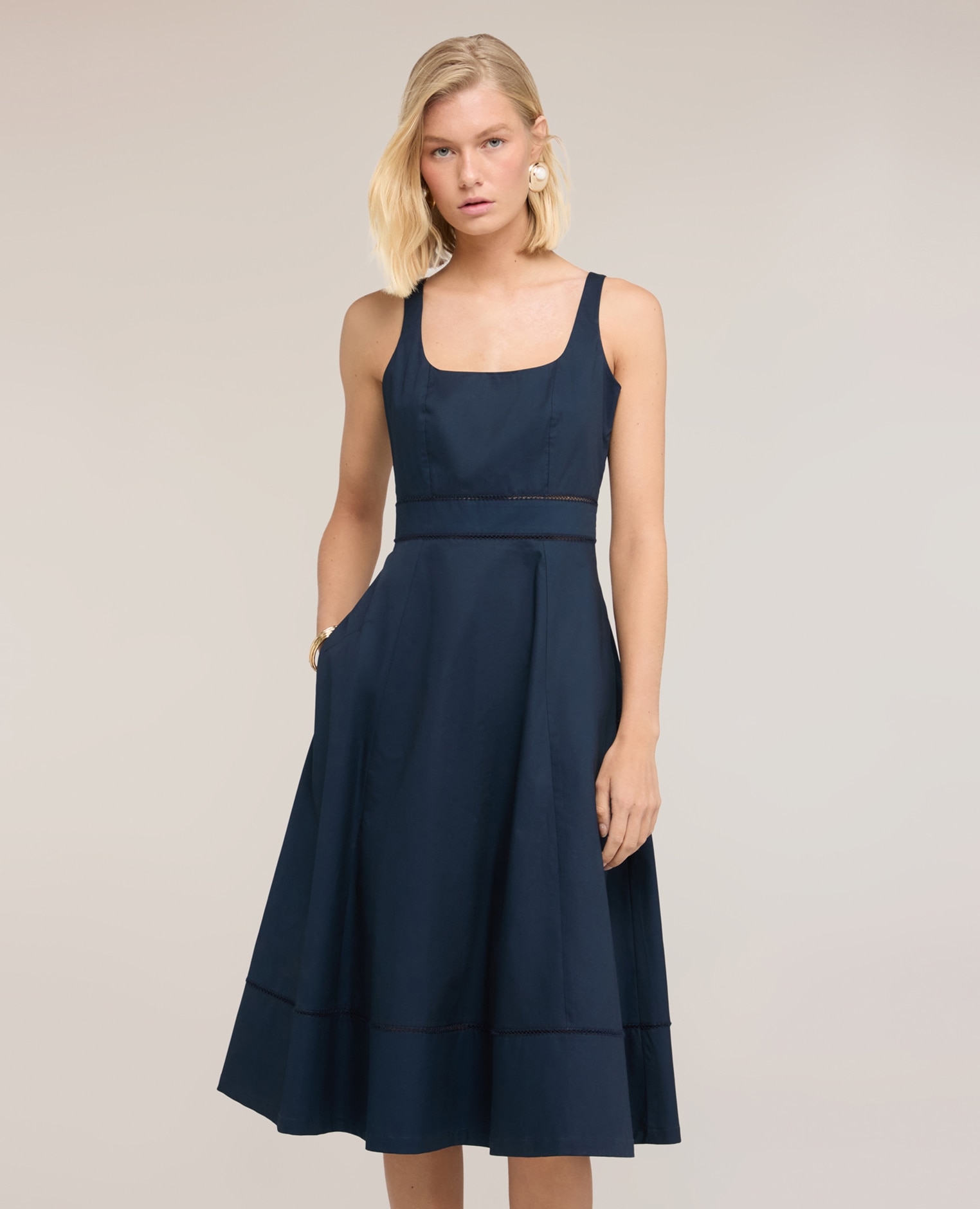 Vestido flare en popelín con ajouré cierre con cremallera falda acampanada - Motivi - Azul Azul-3
