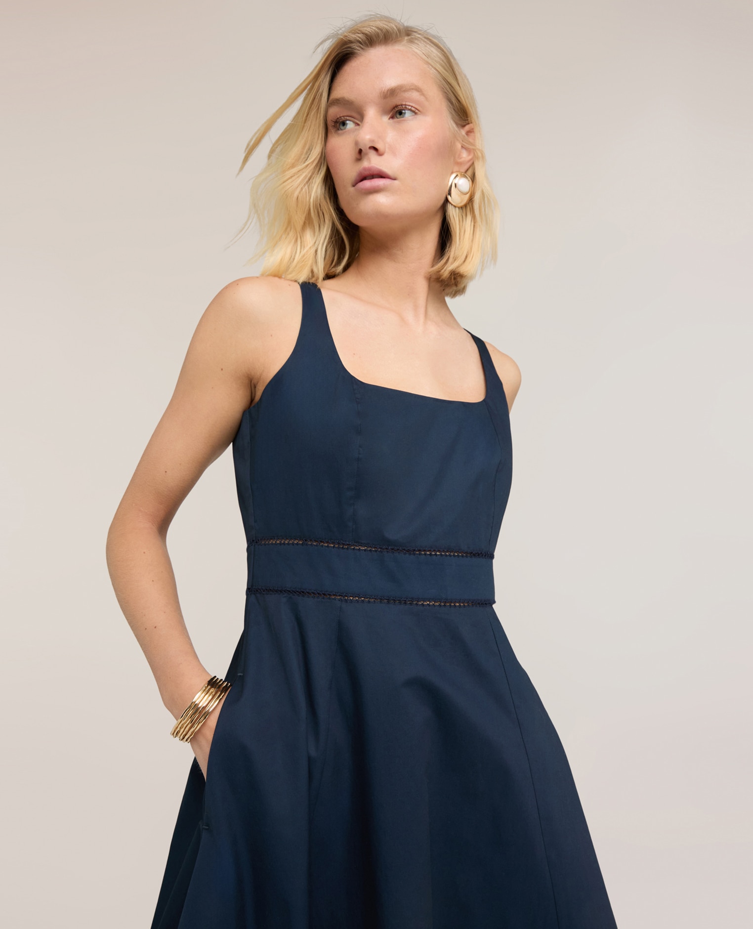 Vestido flare en popelín con ajouré cierre con cremallera falda acampanada - Motivi - Azul Azul-4