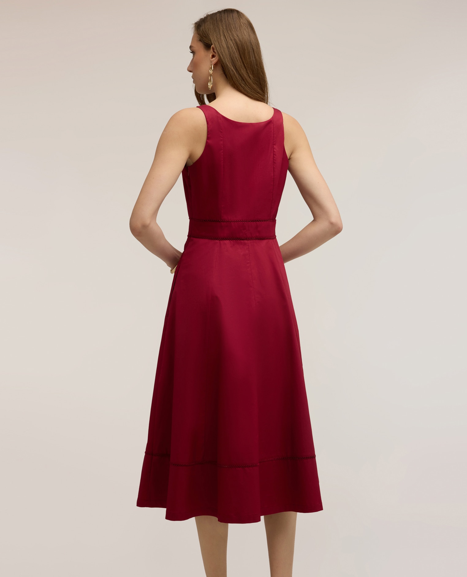 Vestido flare en popelín con ajouré cierre con cremallera falda acampanada - Motivi - Rojo Rojo-2