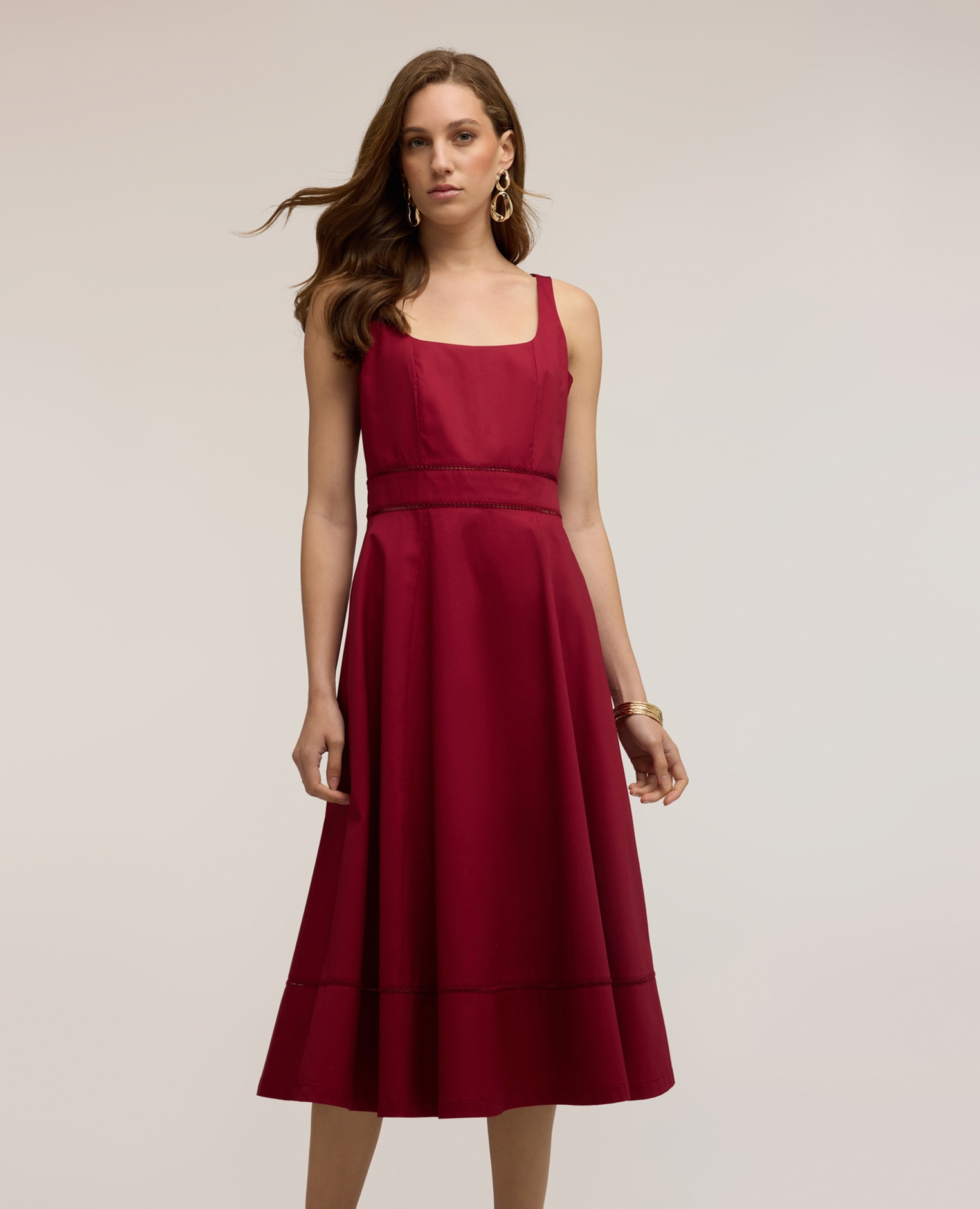 Vestido flare en popelín con ajouré cierre con cremallera falda acampanada - Motivi - Rojo Rojo-3