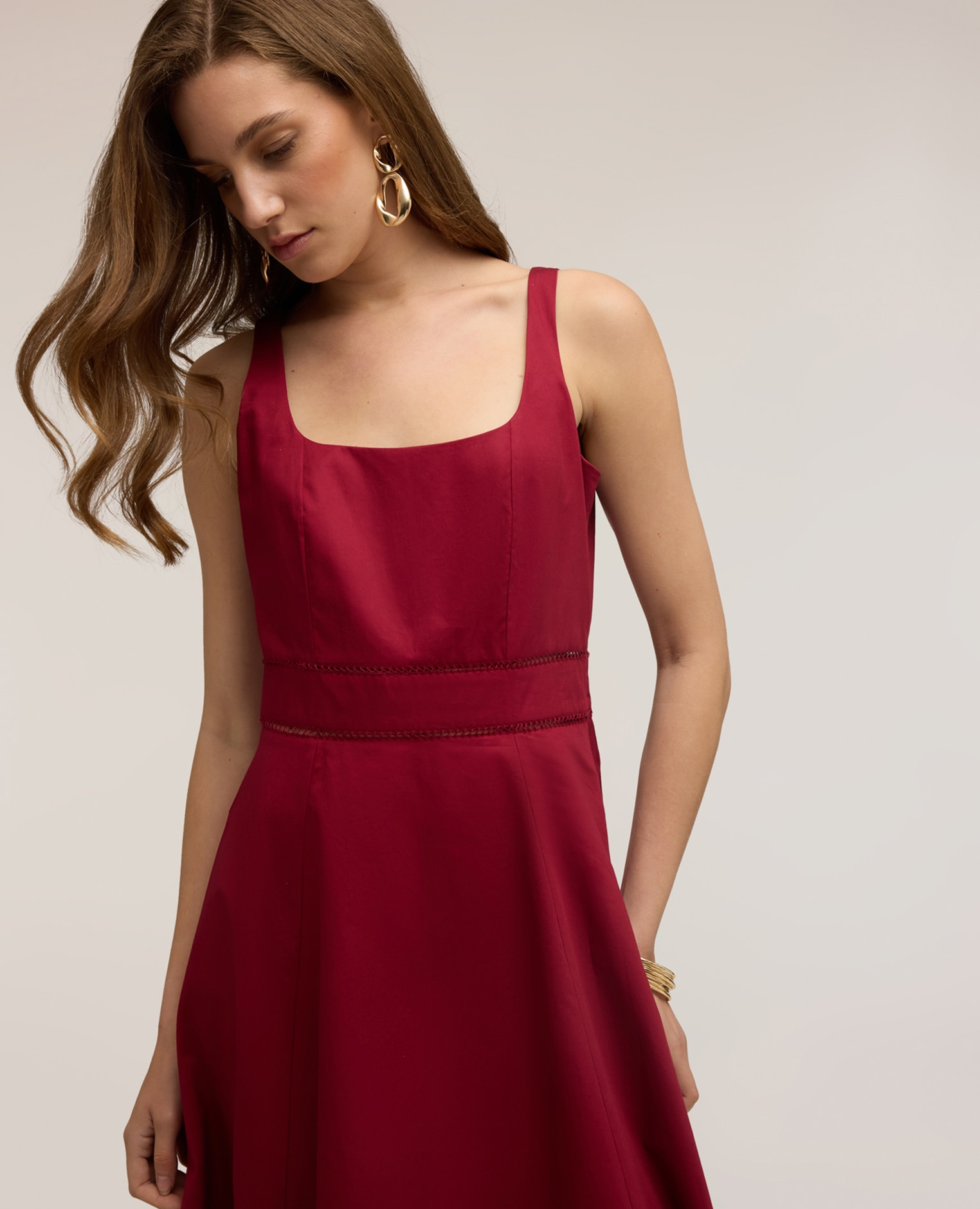 Vestido flare en popelín con ajouré cierre con cremallera falda acampanada - Motivi - Rojo Rojo-4