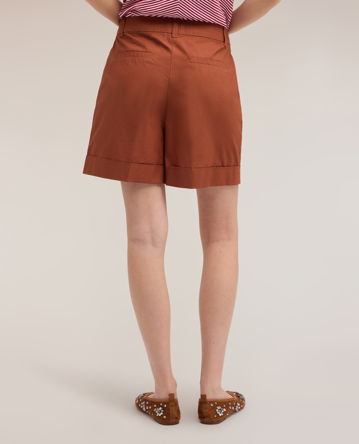 Shorts de mujer de talle alto en algodón ajuste regular corte corto - Motivi - Marrón Marrón-2