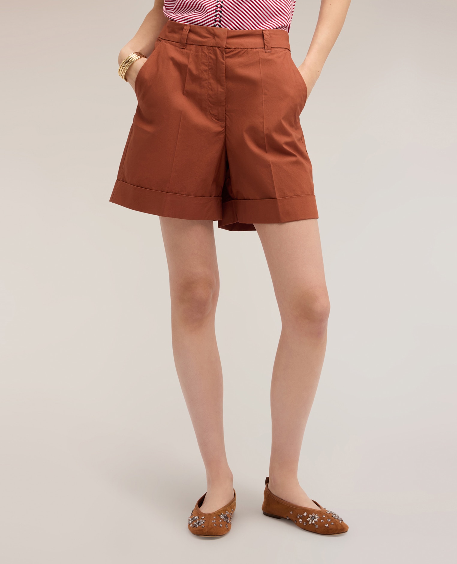 Shorts de mujer de talle alto en algodón ajuste regular corte corto - Motivi - Marrón Marrón-3