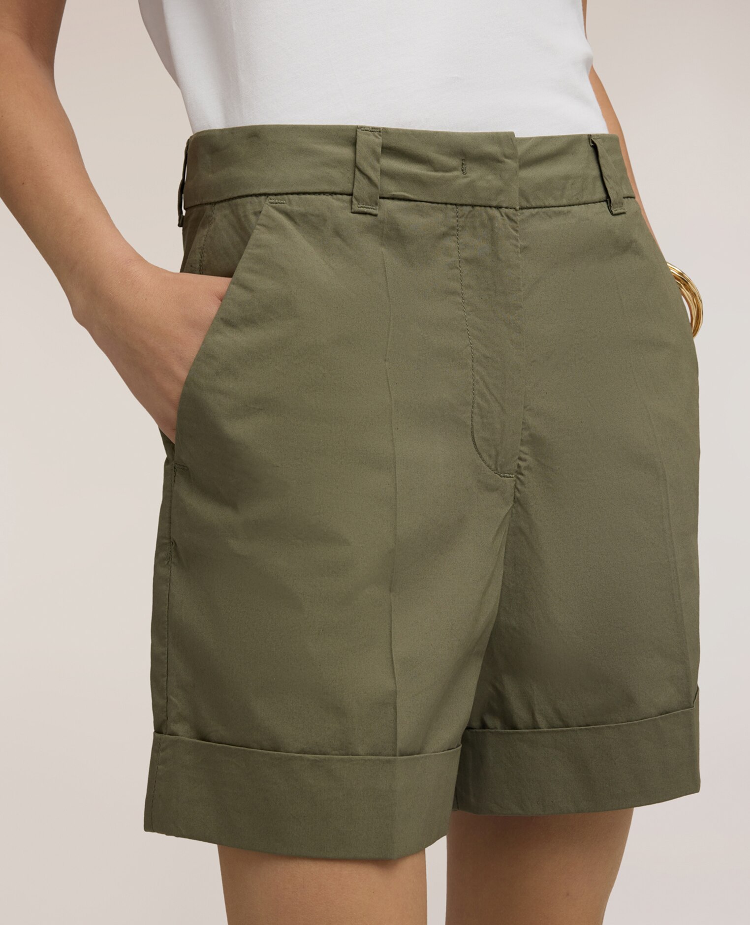 Shorts de mujer de talle alto en algodón ajuste regular corte corto - Motivi - Verde militar Verde militar-4