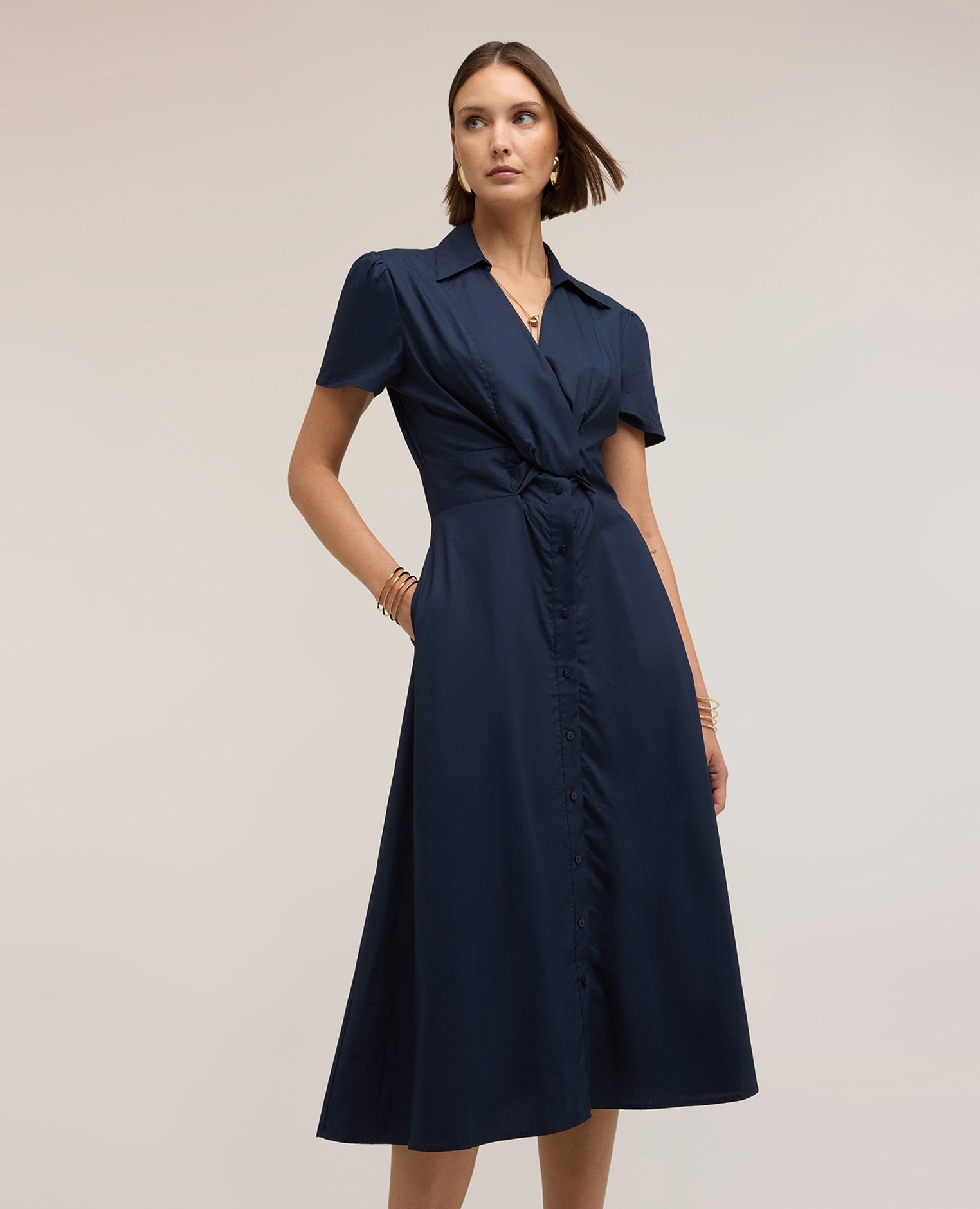 Vestido camisero midi en popelina cuello de vela con motivo de nudo y botones a la vista - Motivi - Azul Azul-3