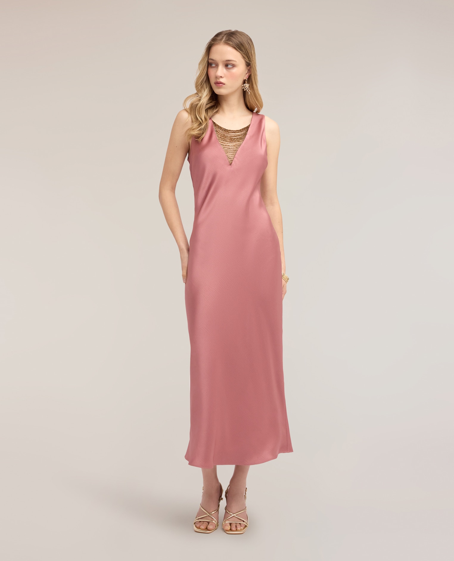 Vestido largo de satén con detalle de cadenitas largo maxi cierre con cremallera - Motivi - Rosa Rosa-1