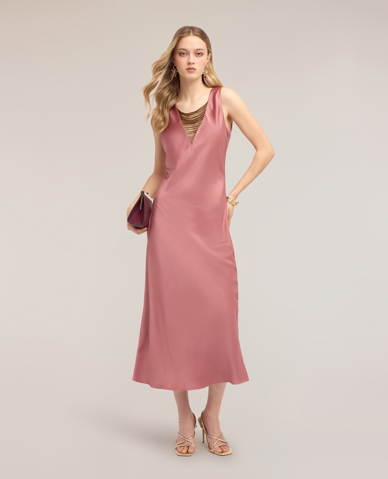 Vestido largo de satén con detalle de cadenitas largo maxi cierre con cremallera - Motivi - Rosa Rosa-3