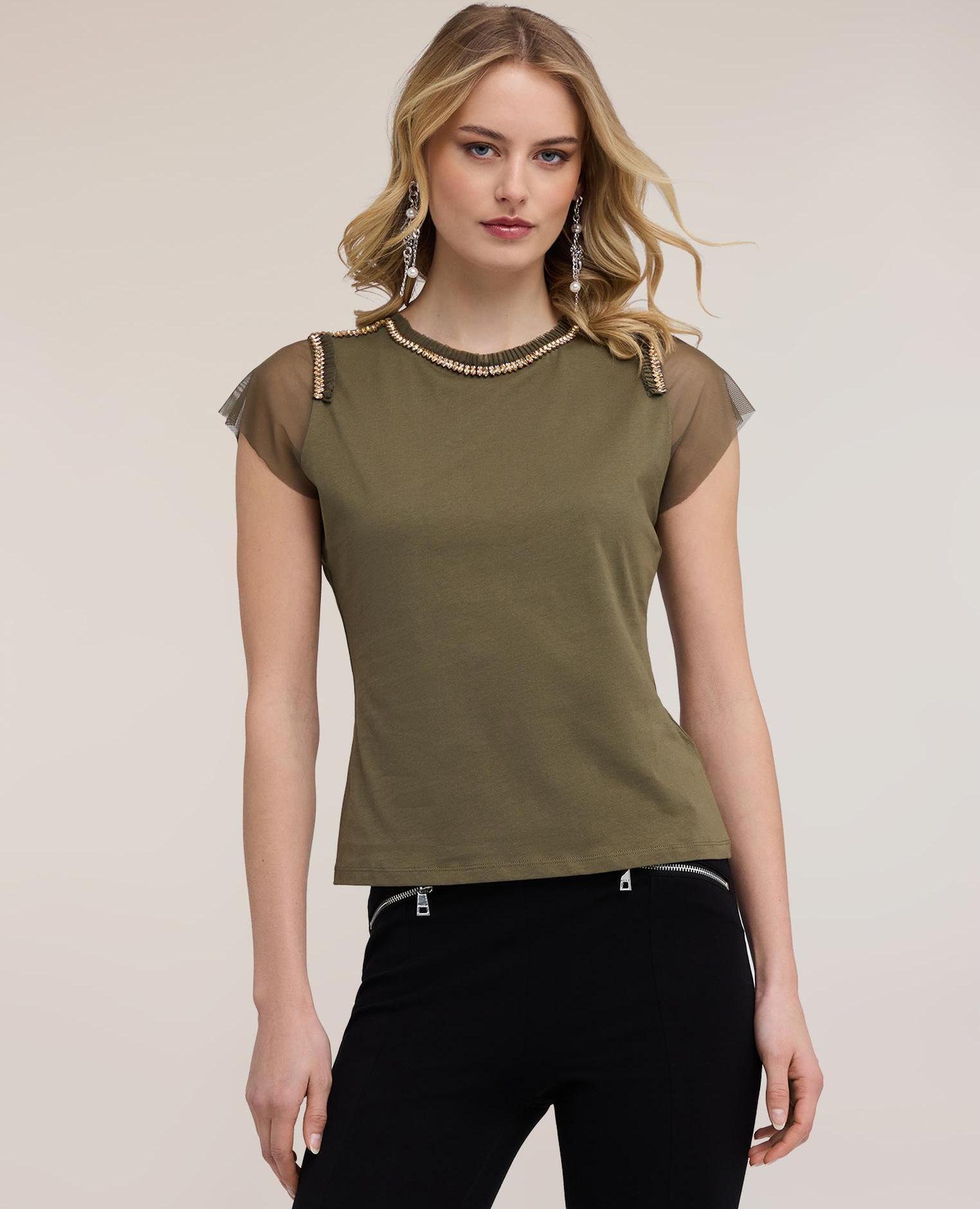 Motivi - Camiseta de mujer con mangas de tul y bordados joya ajuste regular.