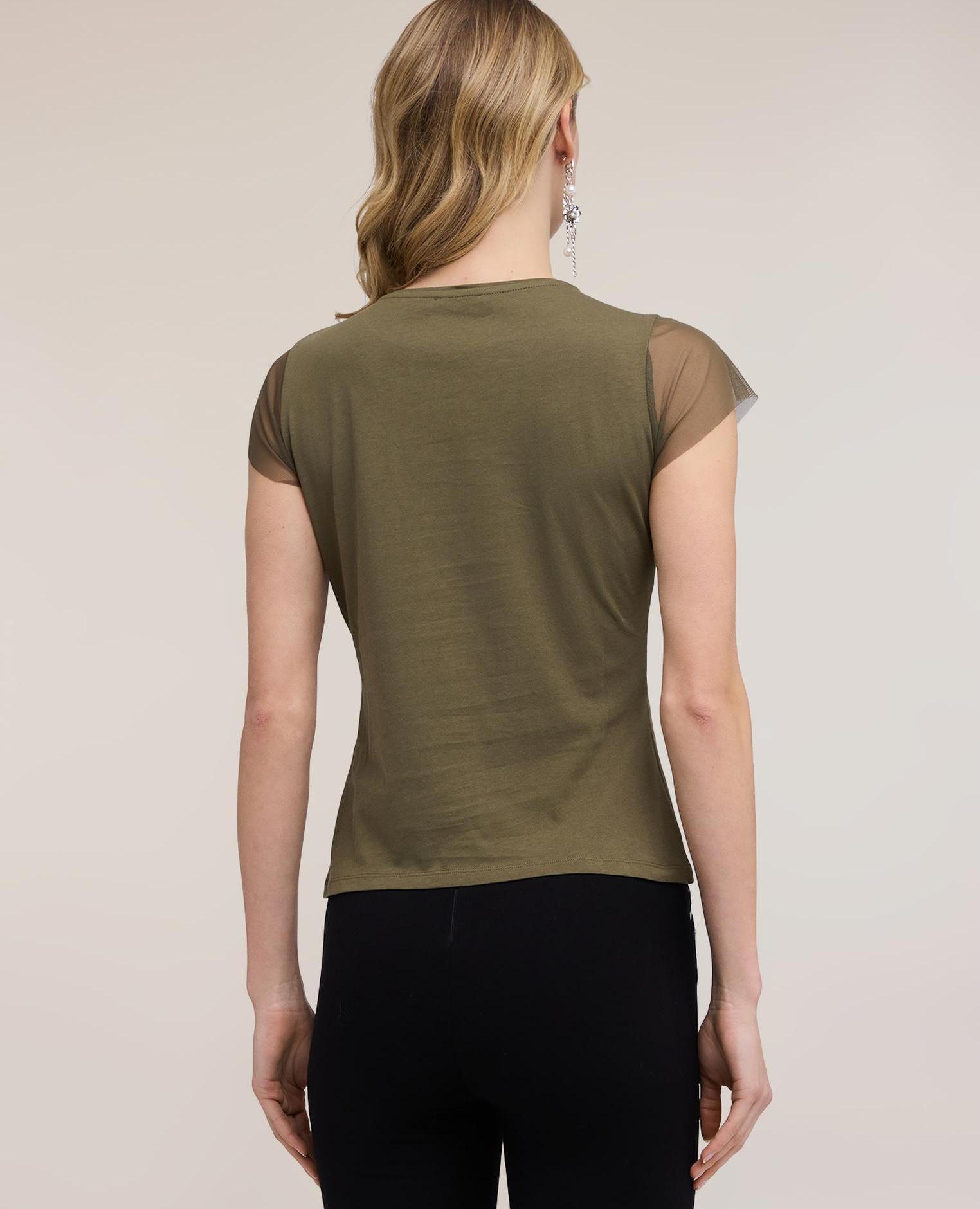 Camiseta de mujer con mangas de tul y bordados joya ajuste regular - Motivi - Verde militar Verde militar-2