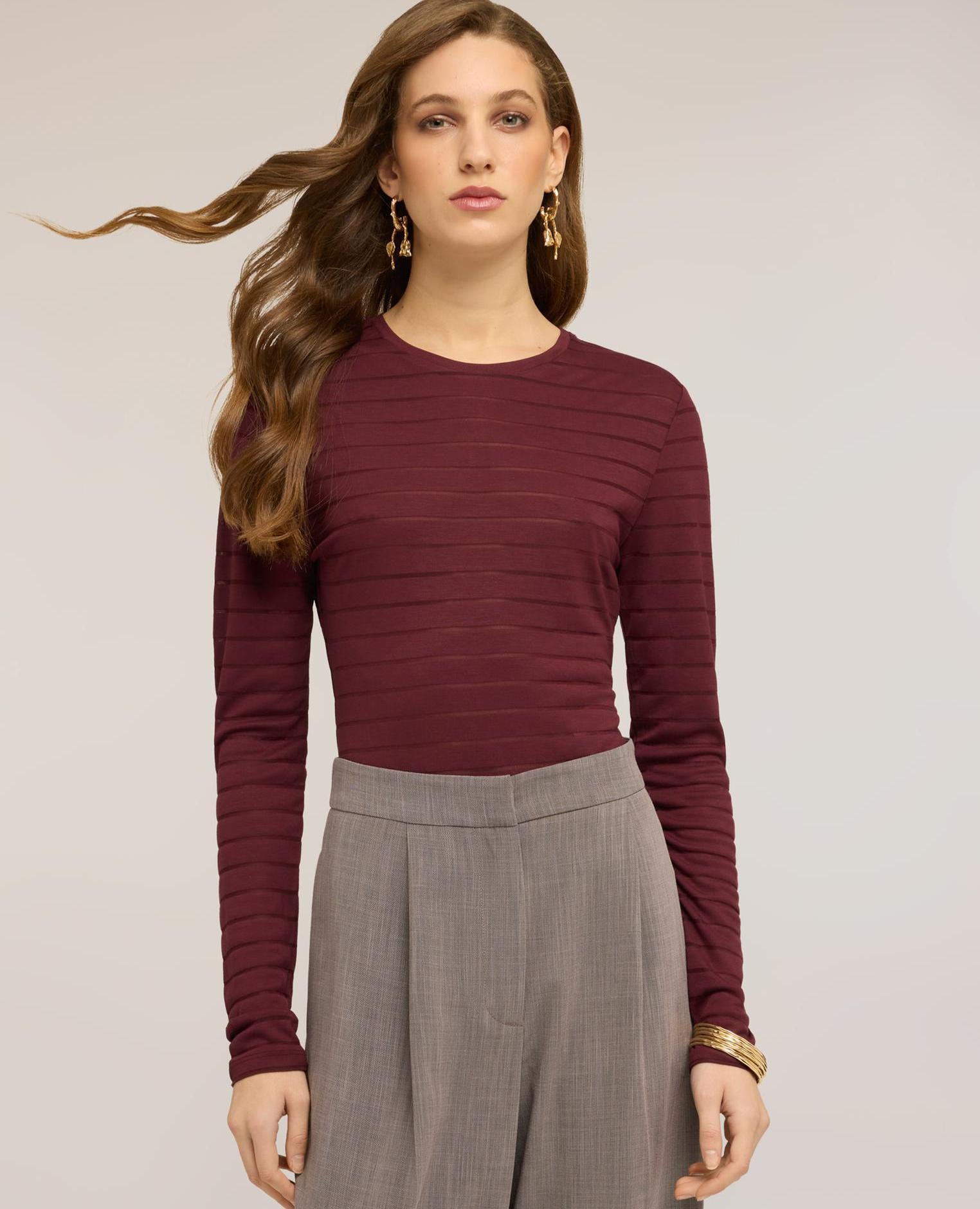 Blusa de mujer de rayas en jersey mezcla de viscosa ajuste entallado con cierre de botones - Motivi - Burdeos Burdeos-3