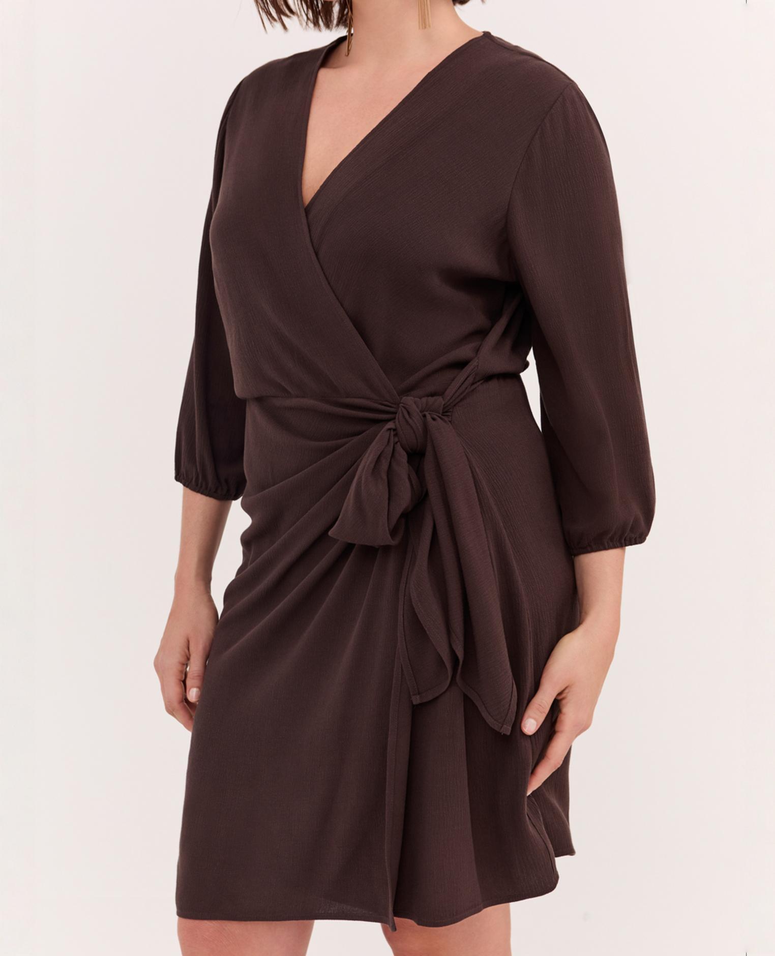 Vestido cruzado joy en viscosa mangas de tres cuartos con puño elástico y cierre con cinturón - Fiorella Rubino - Marrón Marrón-3