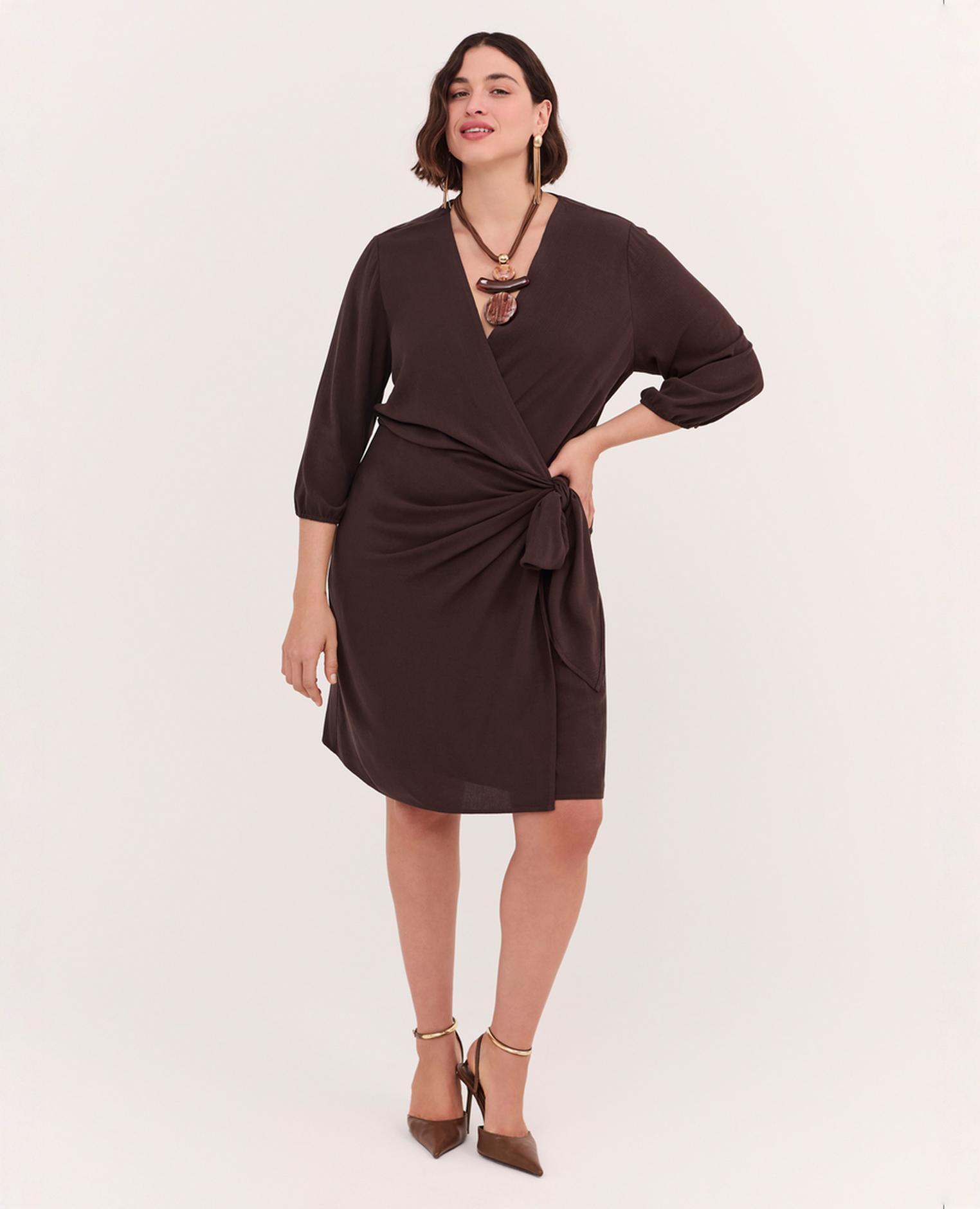 Vestido cruzado joy en viscosa mangas de tres cuartos con puño elástico y cierre con cinturón - Fiorella Rubino - Marrón Marrón-4
