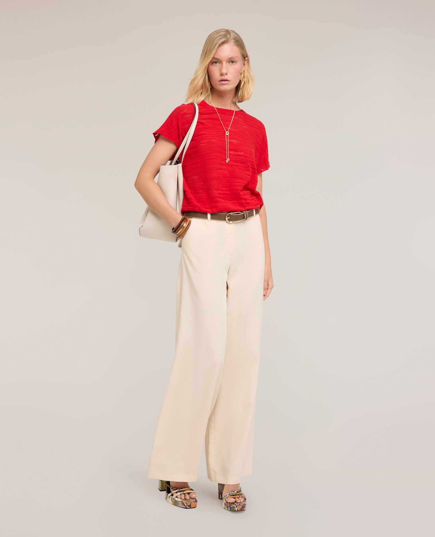 Pantalones de mujer palazzo de mezcla de lino ajuste ancho cierre frontal con botón y cremallera - Motivi - Beige Beige-1