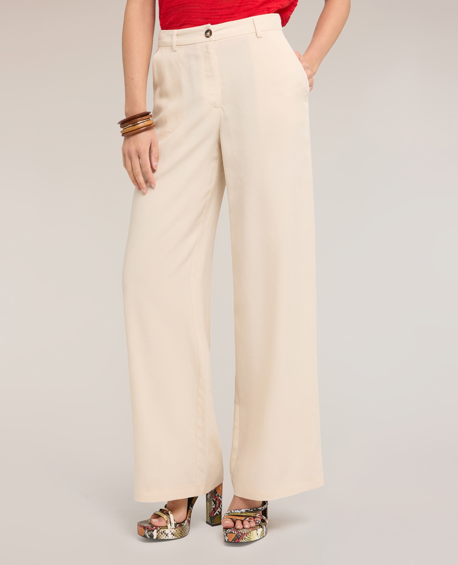Pantalones de mujer palazzo de mezcla de lino ajuste ancho cierre frontal con botón y cremallera - Motivi - Beige Beige-3