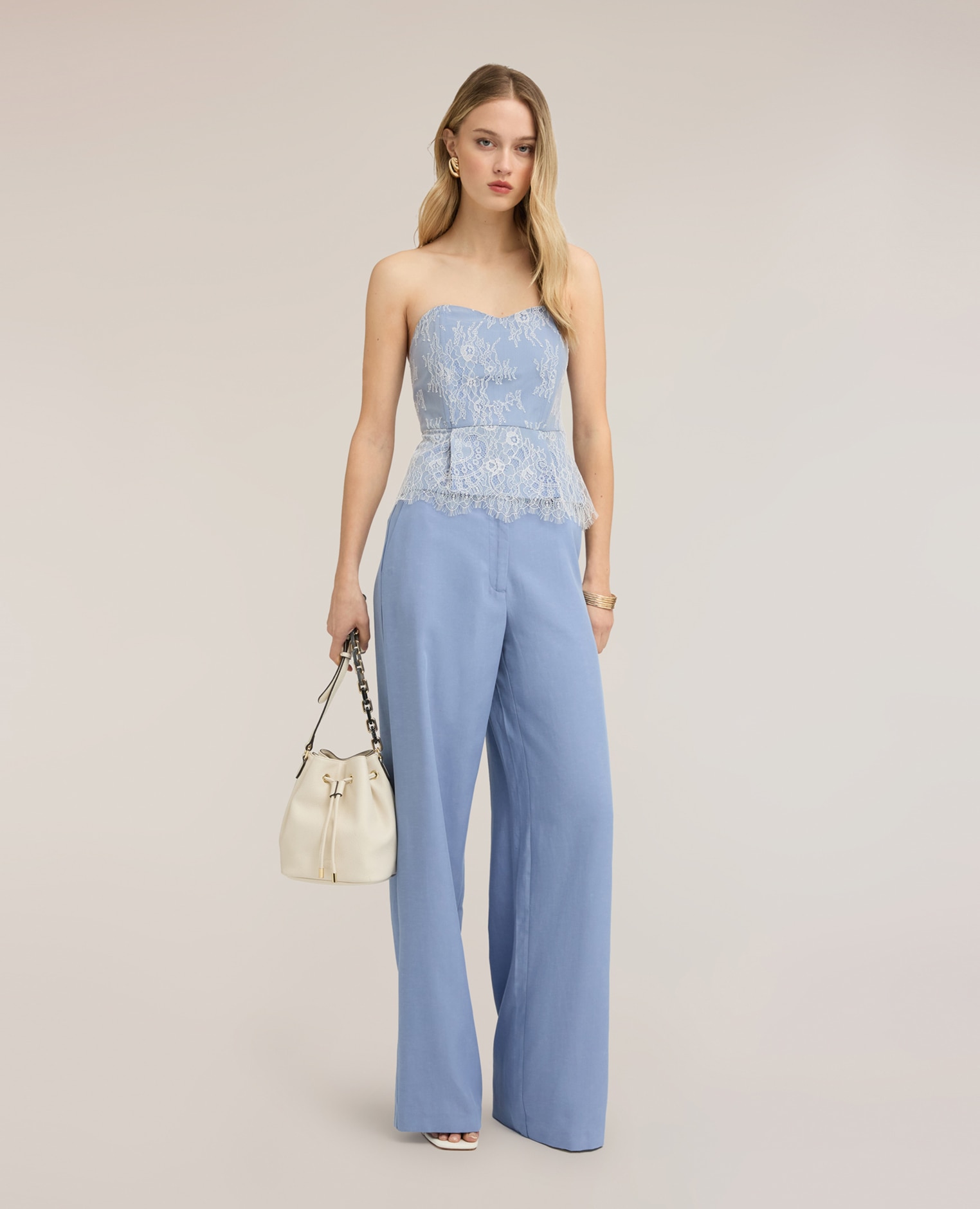 Pantalones de mujer palazzo de mezcla de lino ajuste ancho cierre frontal con botón y cremallera - Motivi - Azul claro Azul claro-1