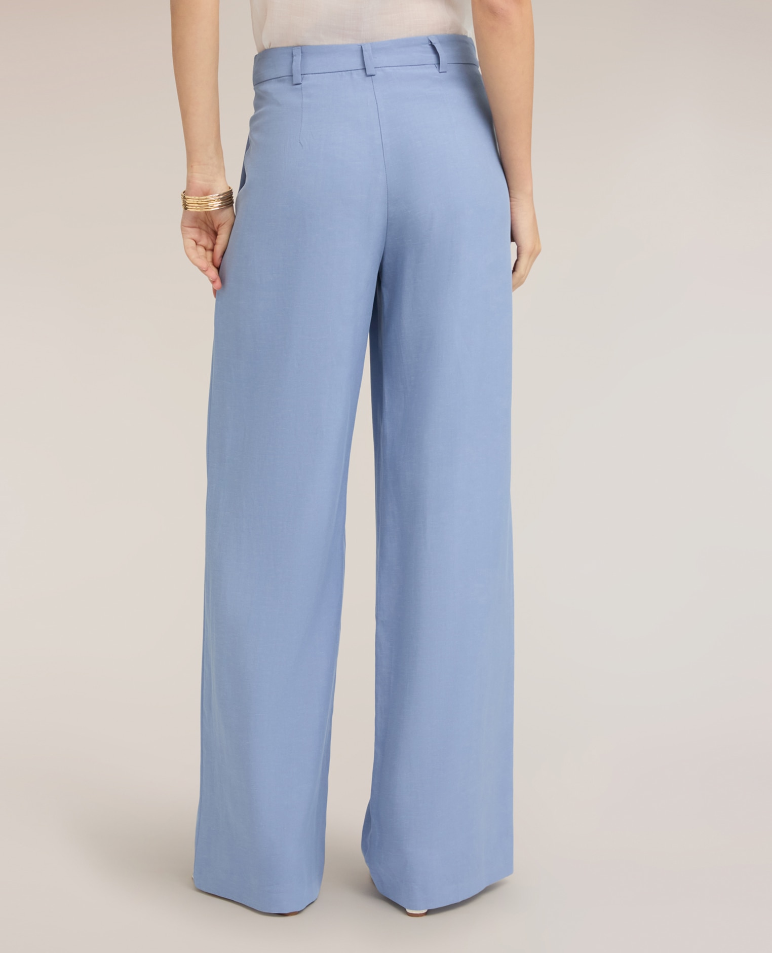 Pantalones de mujer palazzo de mezcla de lino ajuste ancho cierre frontal con botón y cremallera - Motivi - Azul claro Azul claro-2