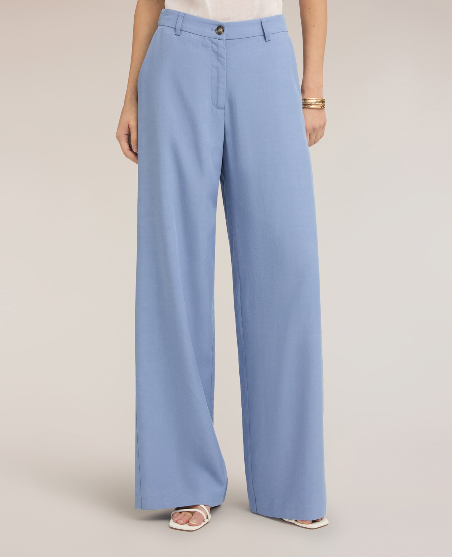 Pantalones de mujer palazzo de mezcla de lino ajuste ancho cierre frontal con botón y cremallera - Motivi - Azul claro Azul claro-3
