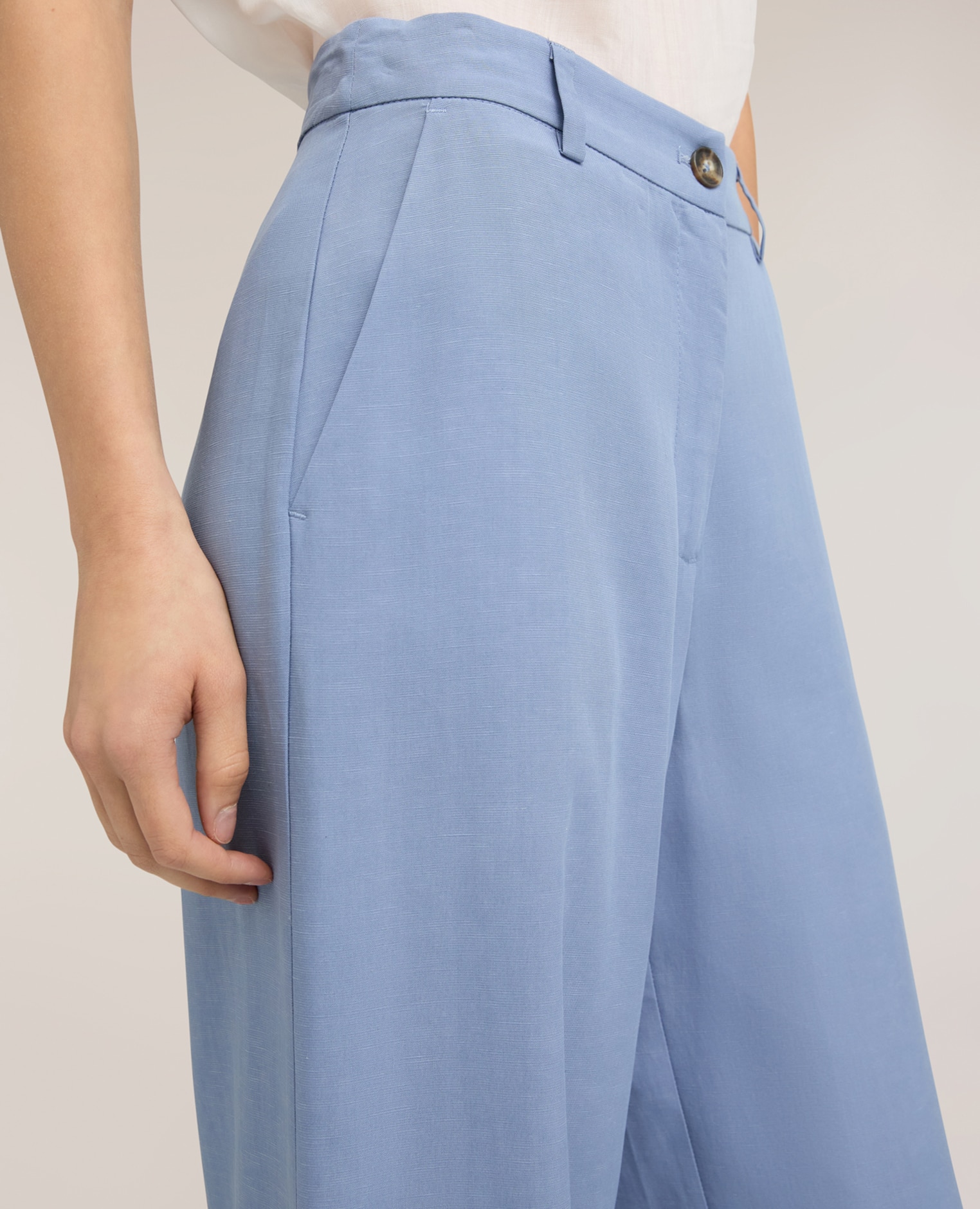 Pantalones de mujer palazzo de mezcla de lino ajuste ancho cierre frontal con botón y cremallera - Motivi - Azul claro Azul claro-4