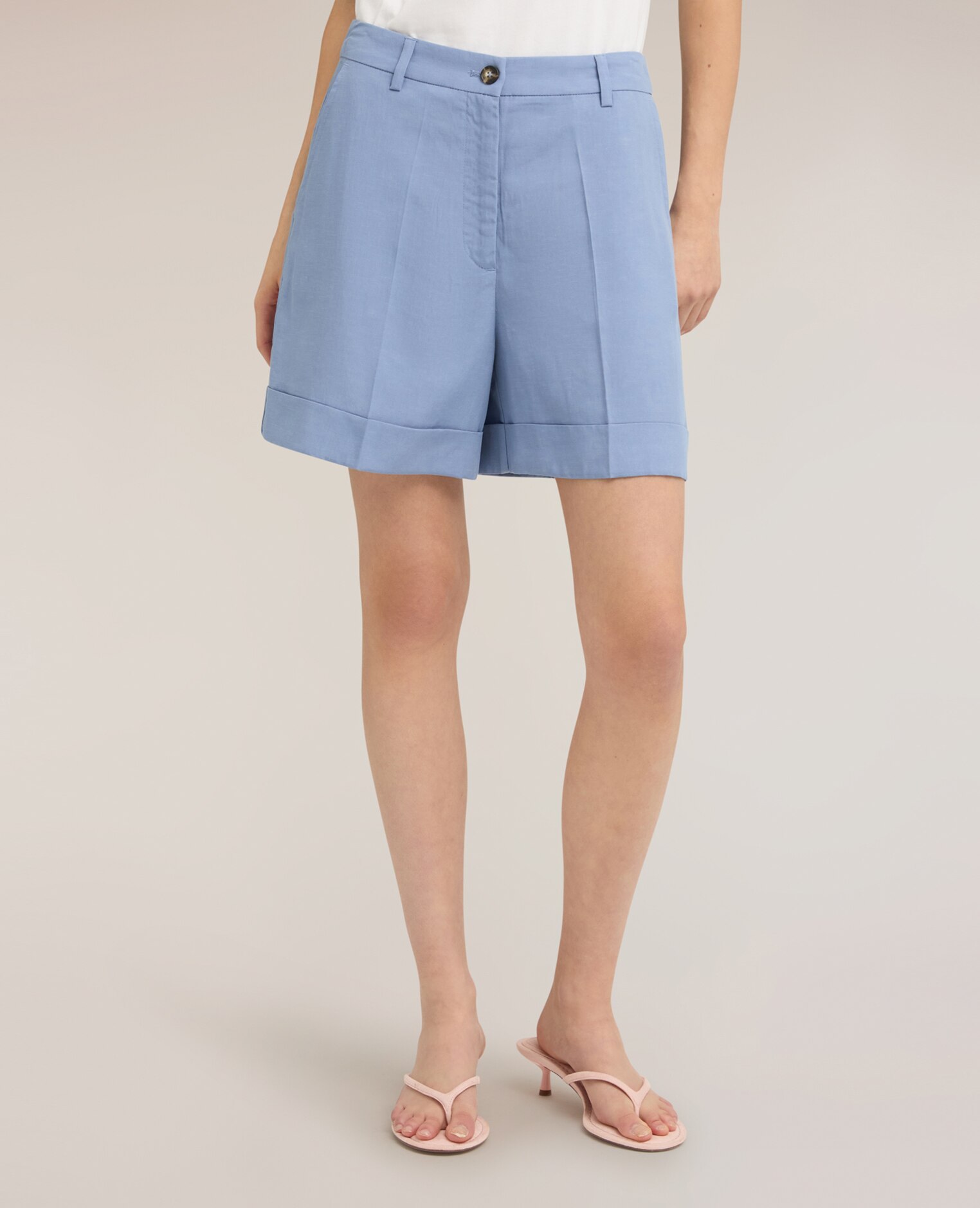 Shorts de mujer de mezcla de lino con dobladillo corte corto cierre con botón y cremallera - Motivi - Azul Azul-3