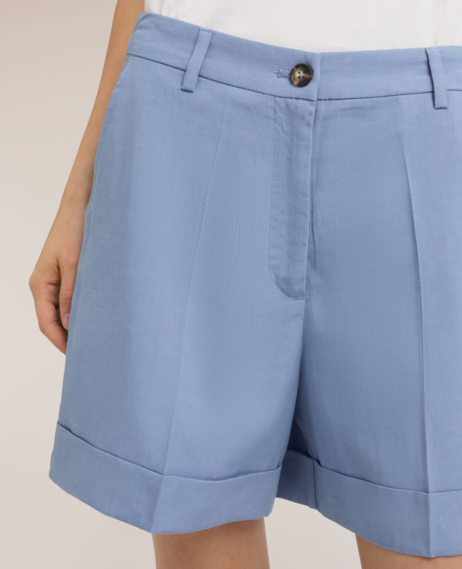 Shorts de mujer de mezcla de lino con dobladillo corte corto cierre con botón y cremallera - Motivi - Azul Azul-4