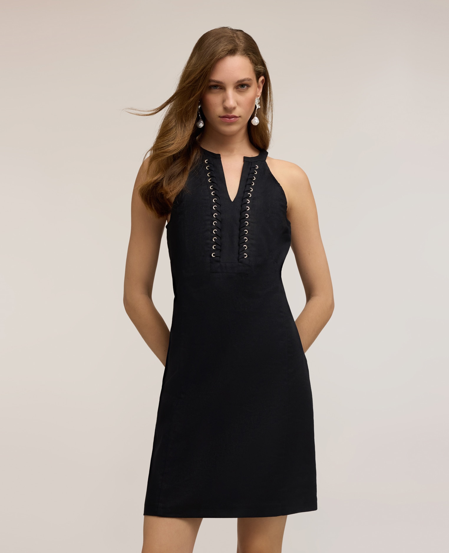 Vestido línea a mezcla de lino modelo sin mangas - Motivi - Negro Negro-3