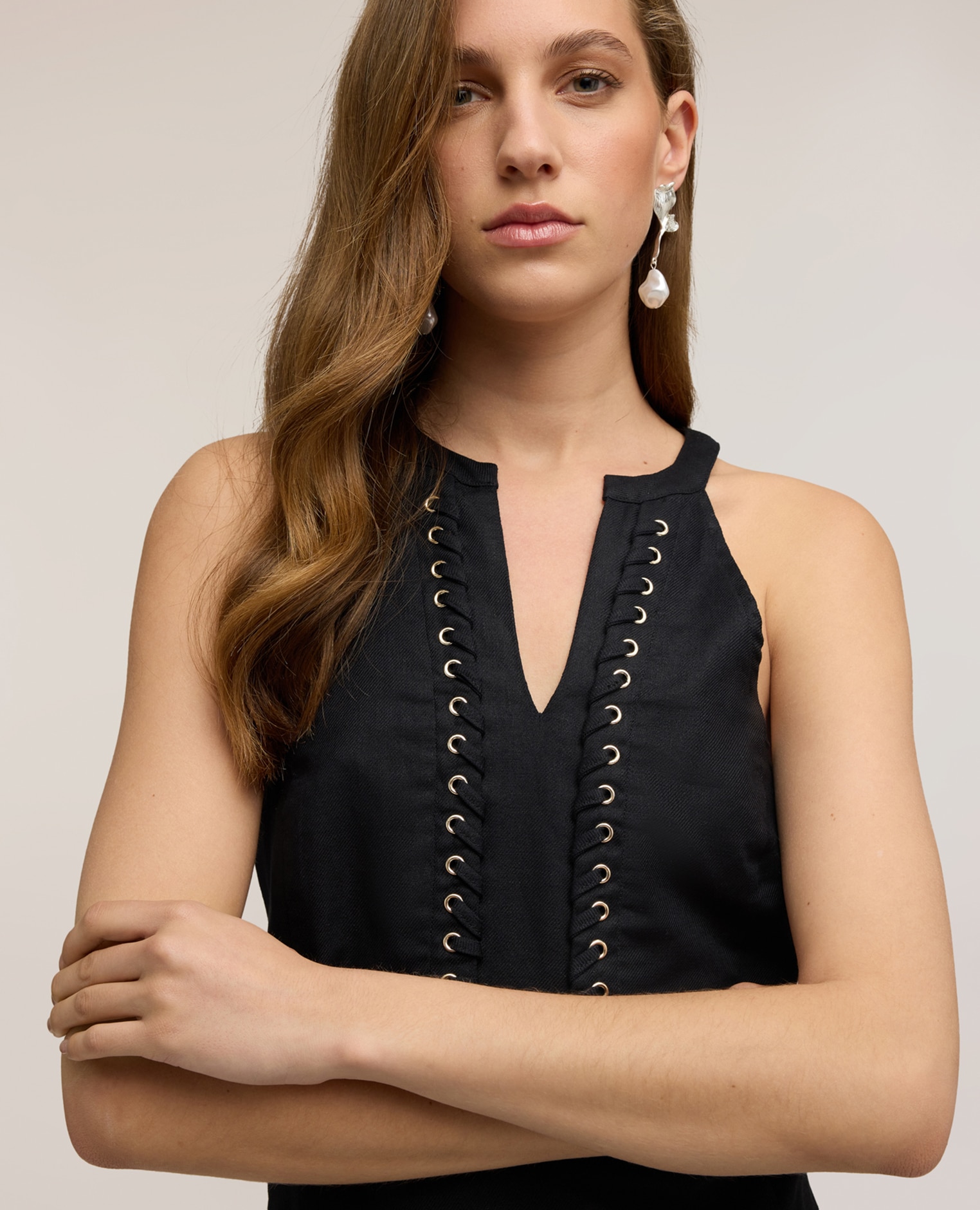 Vestido línea a mezcla de lino modelo sin mangas - Motivi - Negro Negro-4