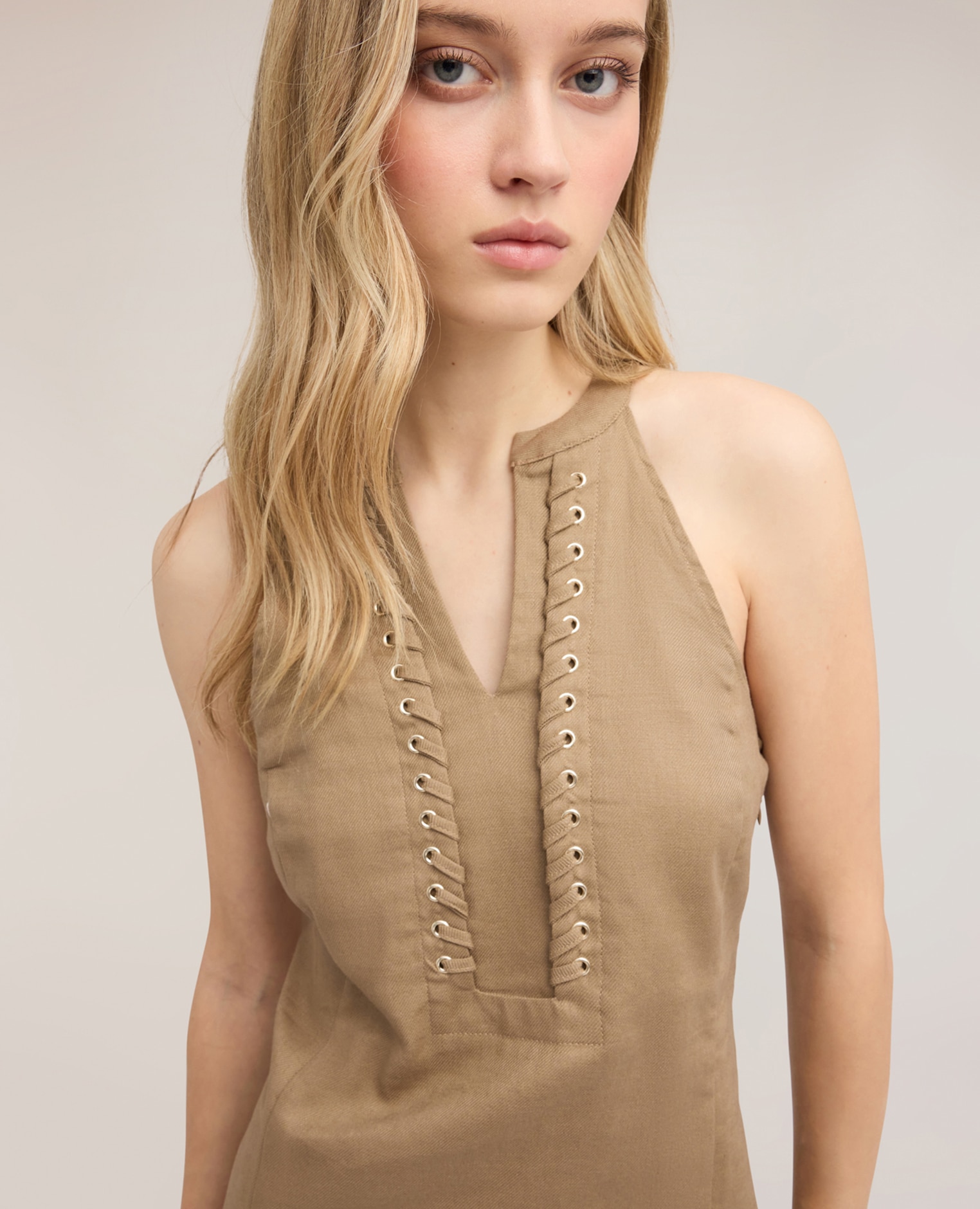 Vestido línea a mezcla de lino modelo sin mangas - Motivi - Beige Beige-4