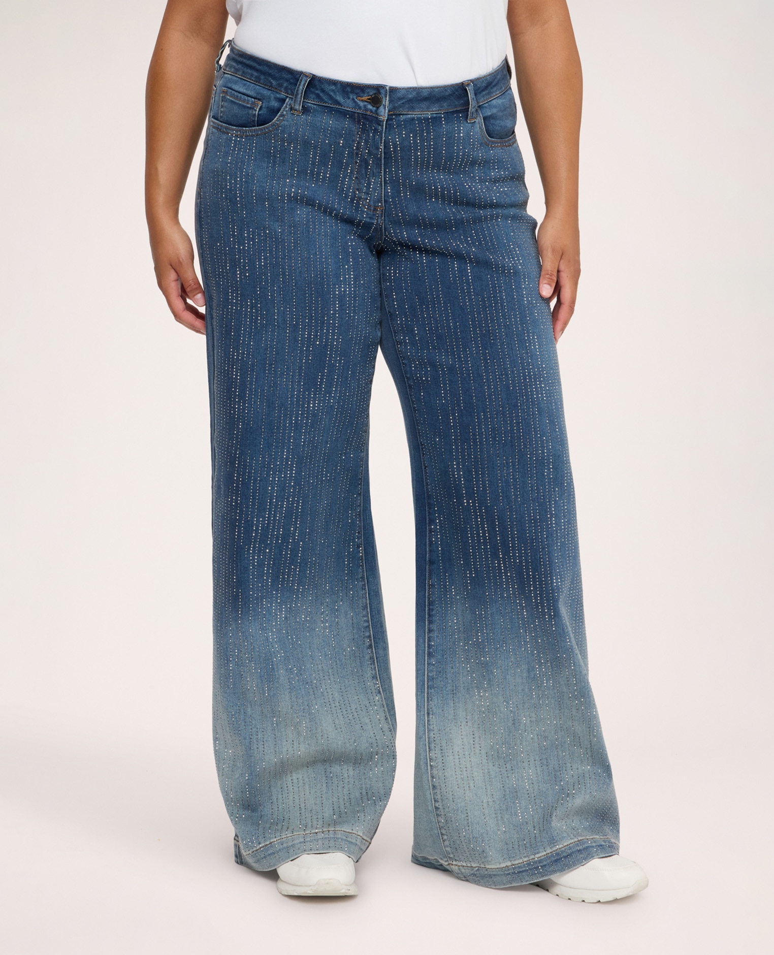 Jeans de mujer wide leg con lluvia de strass trabillas en la cintura cierre con botón y cremallera - Fiorella Rubino - Azul Azul-3
