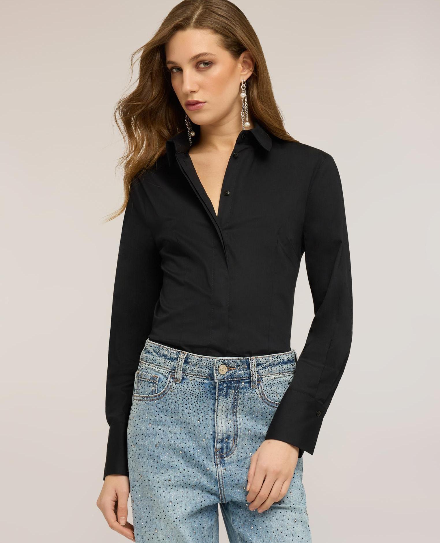 Camisa de mujer de popelina de algodón ajuste regular cierre frontal con botones - Motivi - Negro Negro-3