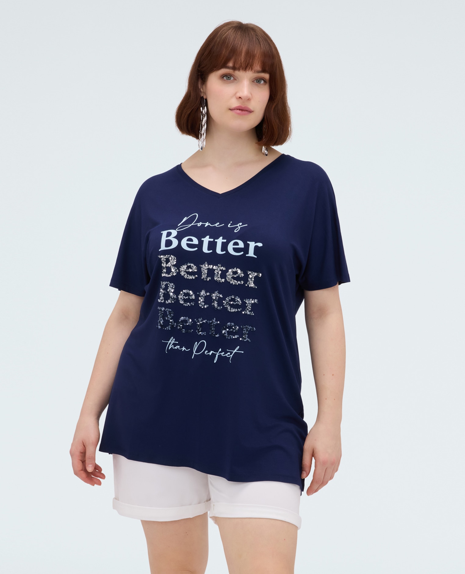 Camiseta de mujer de viscosa con letras y lentejuelas estampado con inscripción y detalle en lentejuelas en el frente - Fiorella Rubino - Azul Azul-1