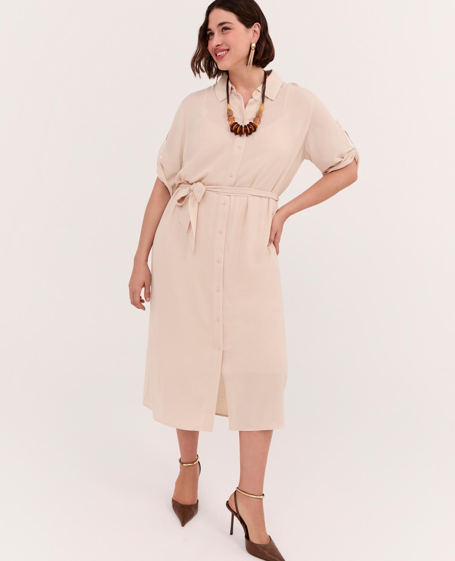 Vestido camisero power en viscosa cinturón en la cintura para anudar - Fiorella Rubino - Beige Beige-4