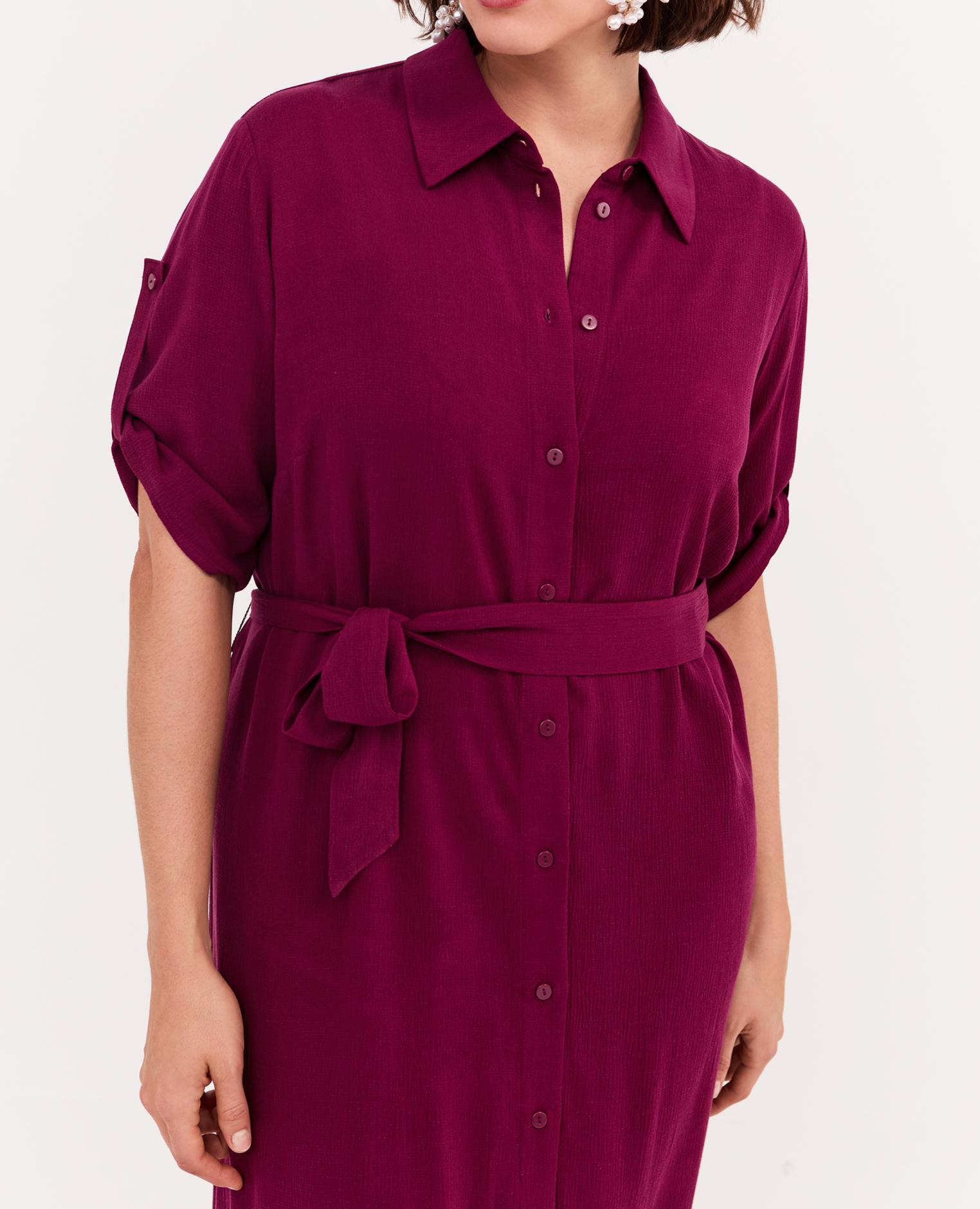 Vestido camisero power en viscosa cinturón en la cintura para anudar - Fiorella Rubino - Burdeos Burdeos-3