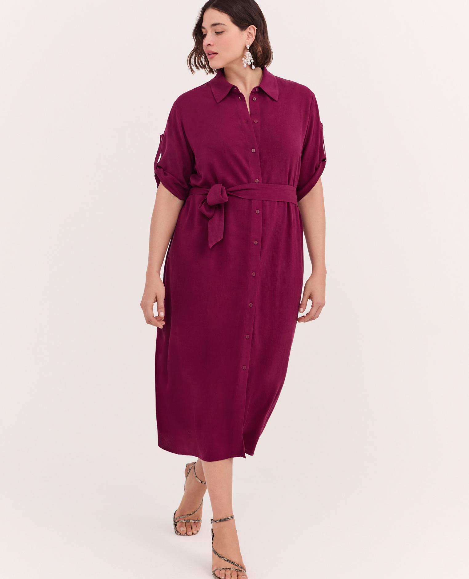 Vestido camisero power en viscosa cinturón en la cintura para anudar - Fiorella Rubino - Burdeos Burdeos-4