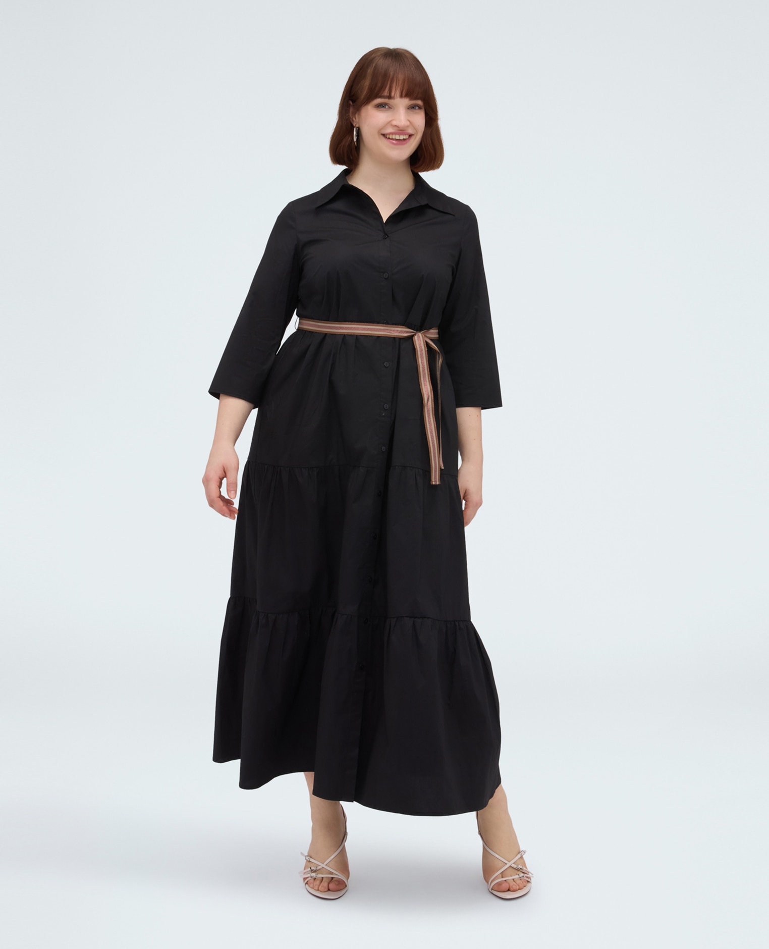 Vestido camisero power en viscosa cierre con botones en el frente y mangas de tres cuartos - Fiorella Rubino - Negro Negro-1