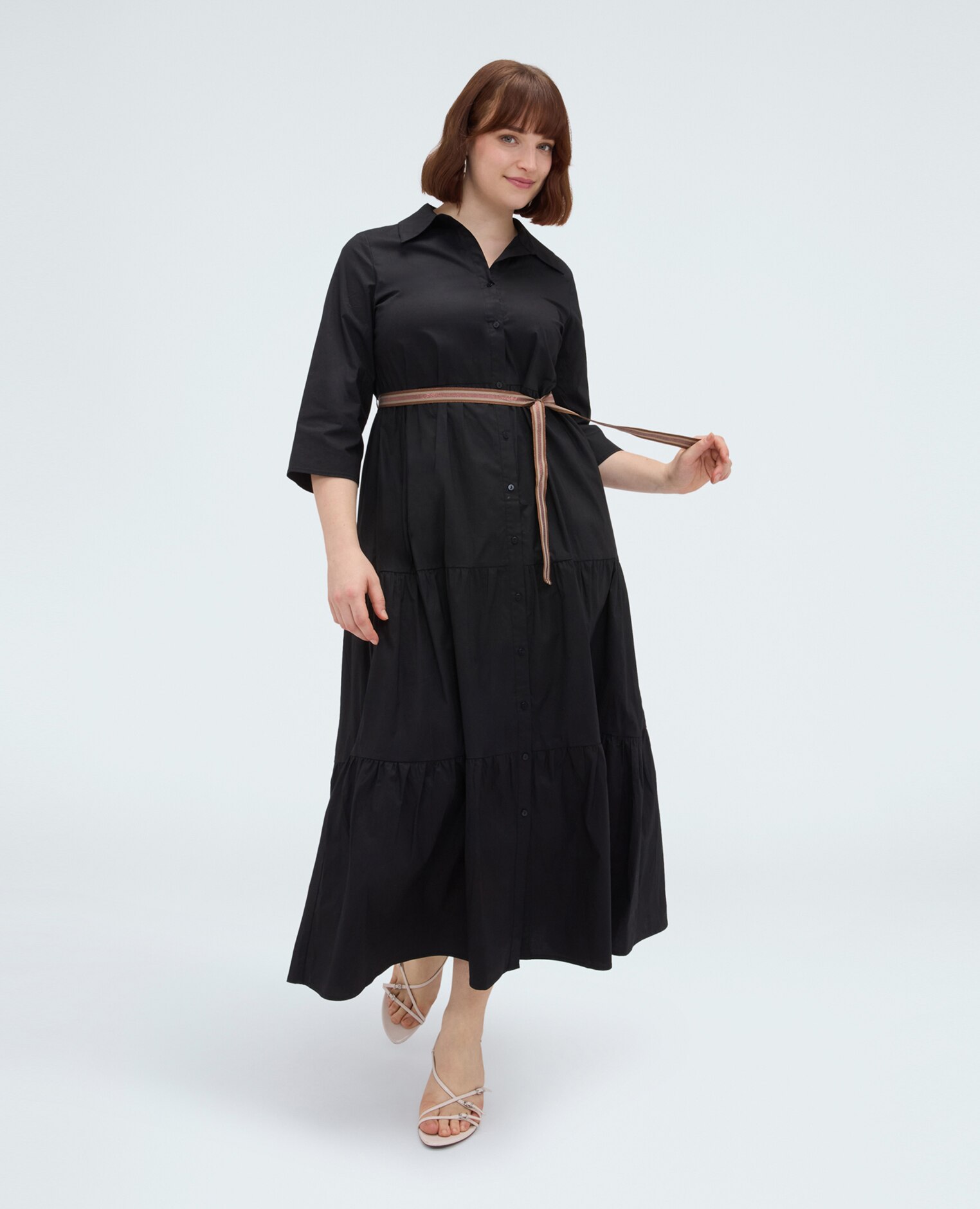 Vestido camisero power en viscosa cierre con botones en el frente y mangas de tres cuartos - Fiorella Rubino - Negro Negro-3