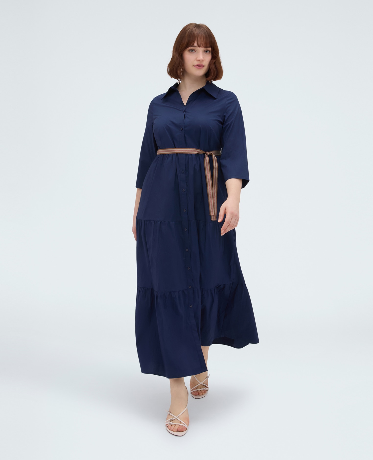 Vestido camisero power en viscosa cierre con botones en el frente y mangas de tres cuartos - Fiorella Rubino - Azul Azul-3