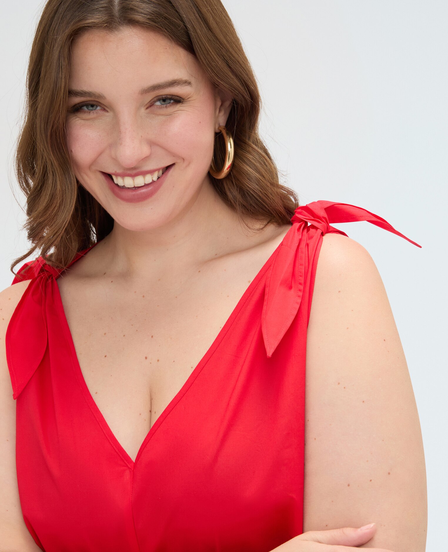 Top de mujer de algodón con lazos en los hombros corte evasé - Fiorella Rubino - Rojo Rojo-4