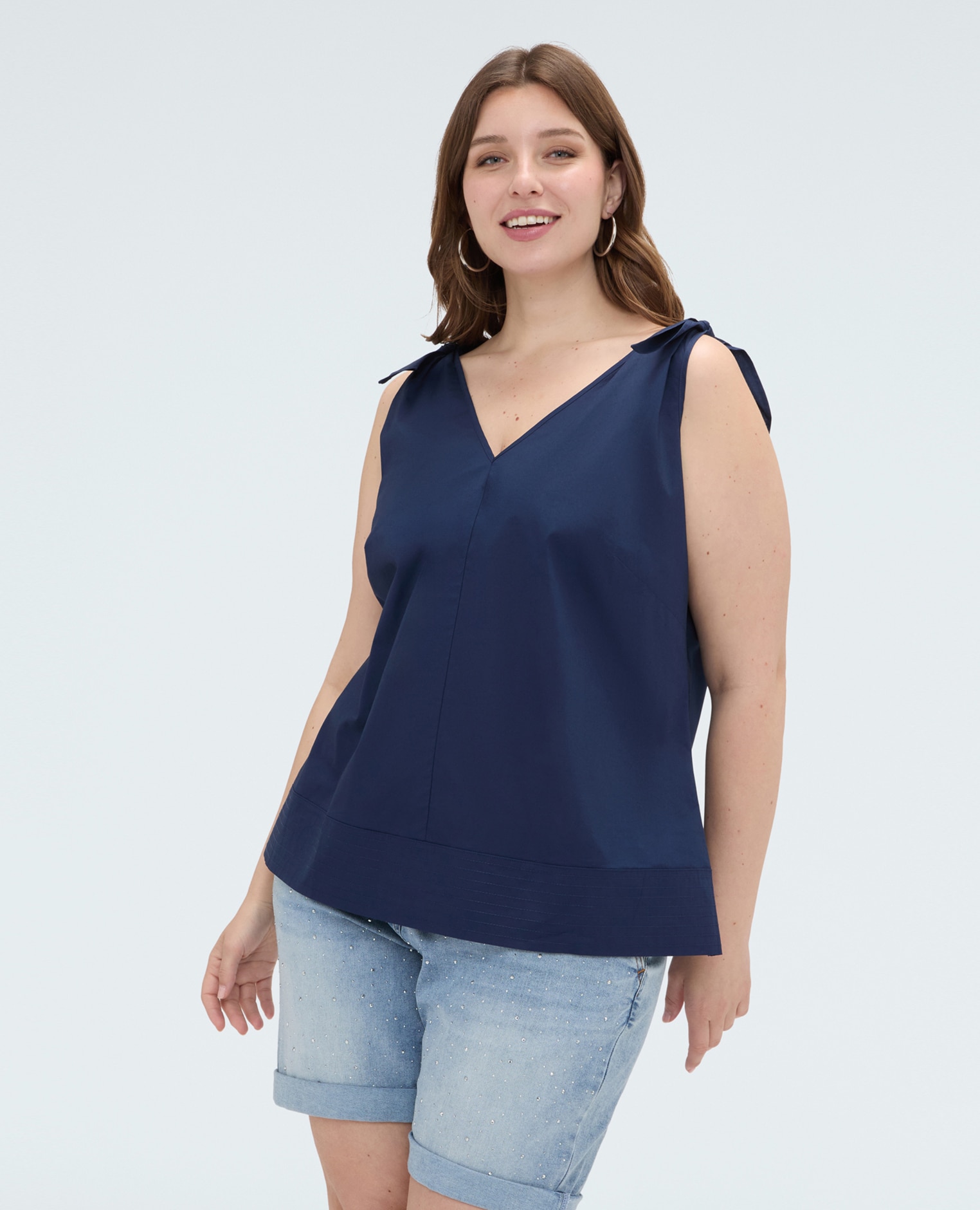 Top de mujer de algodón con lazos en los hombros corte evasé - Fiorella Rubino - Azul Azul-1