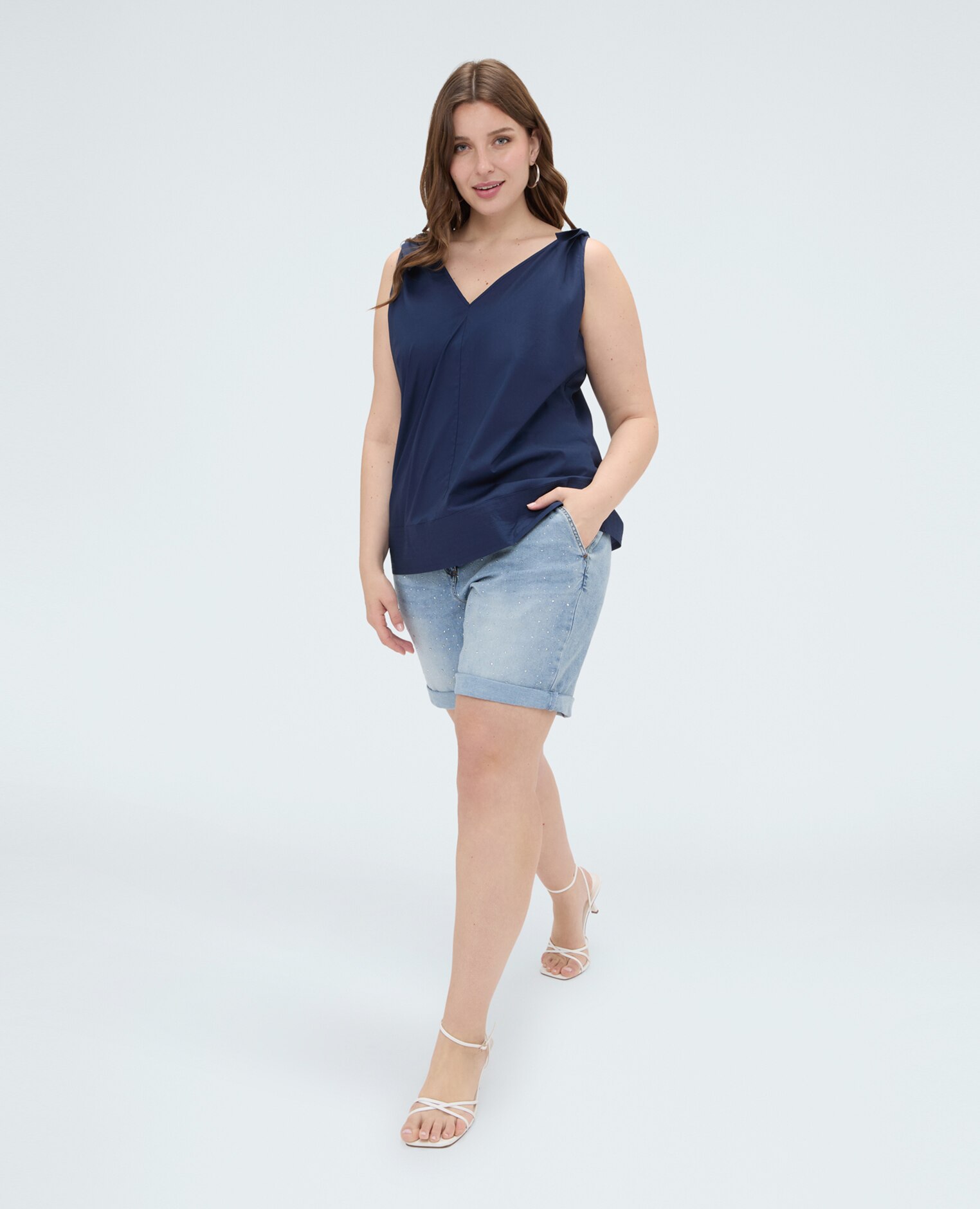 Top de mujer de algodón con lazos en los hombros corte evasé - Fiorella Rubino - Azul Azul-3