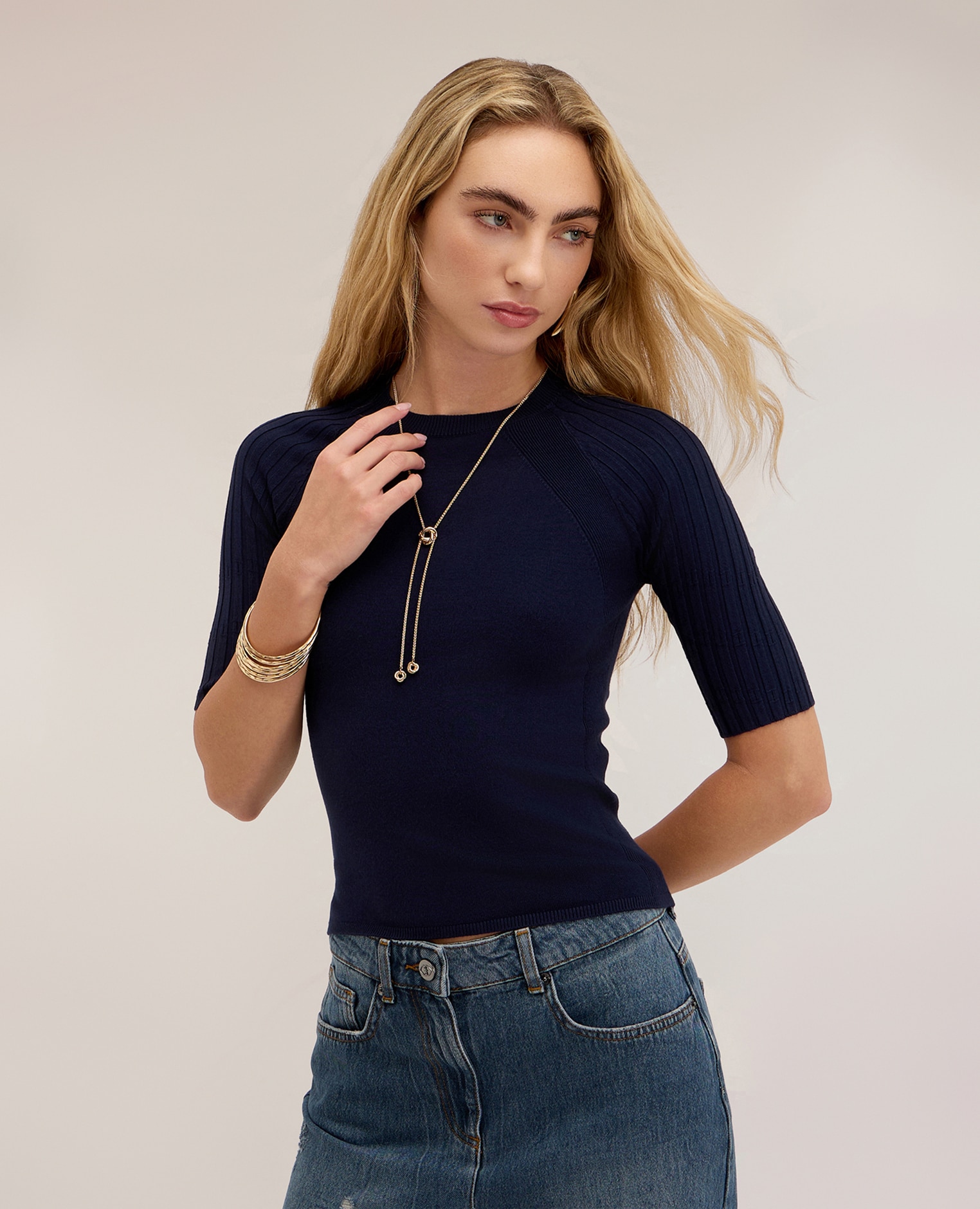 Jersey de mujer de viscosa con mangas raglán acanaladas ajuste entallado largo medio - Motivi - Azul Azul-1