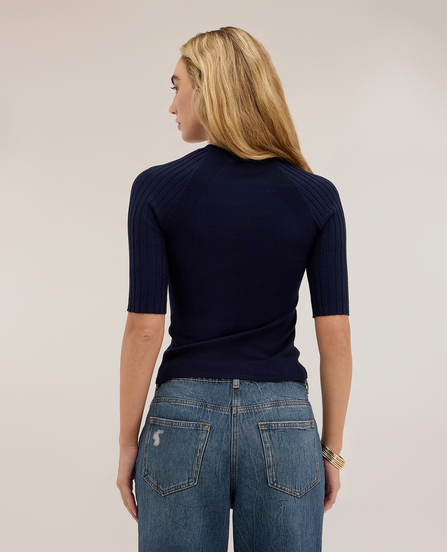 Jersey de mujer de viscosa con mangas raglán acanaladas ajuste entallado largo medio - Motivi - Azul Azul-2