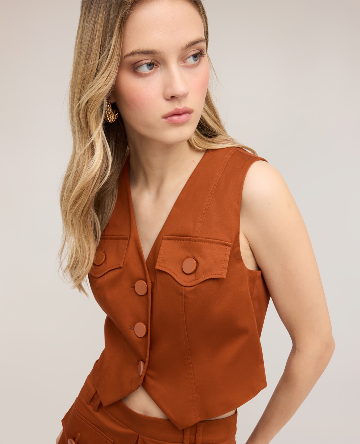 Chaleco de mujer crop mezcla de algodón ajuste entallado largo crop - Motivi - Naranja Naranja-4