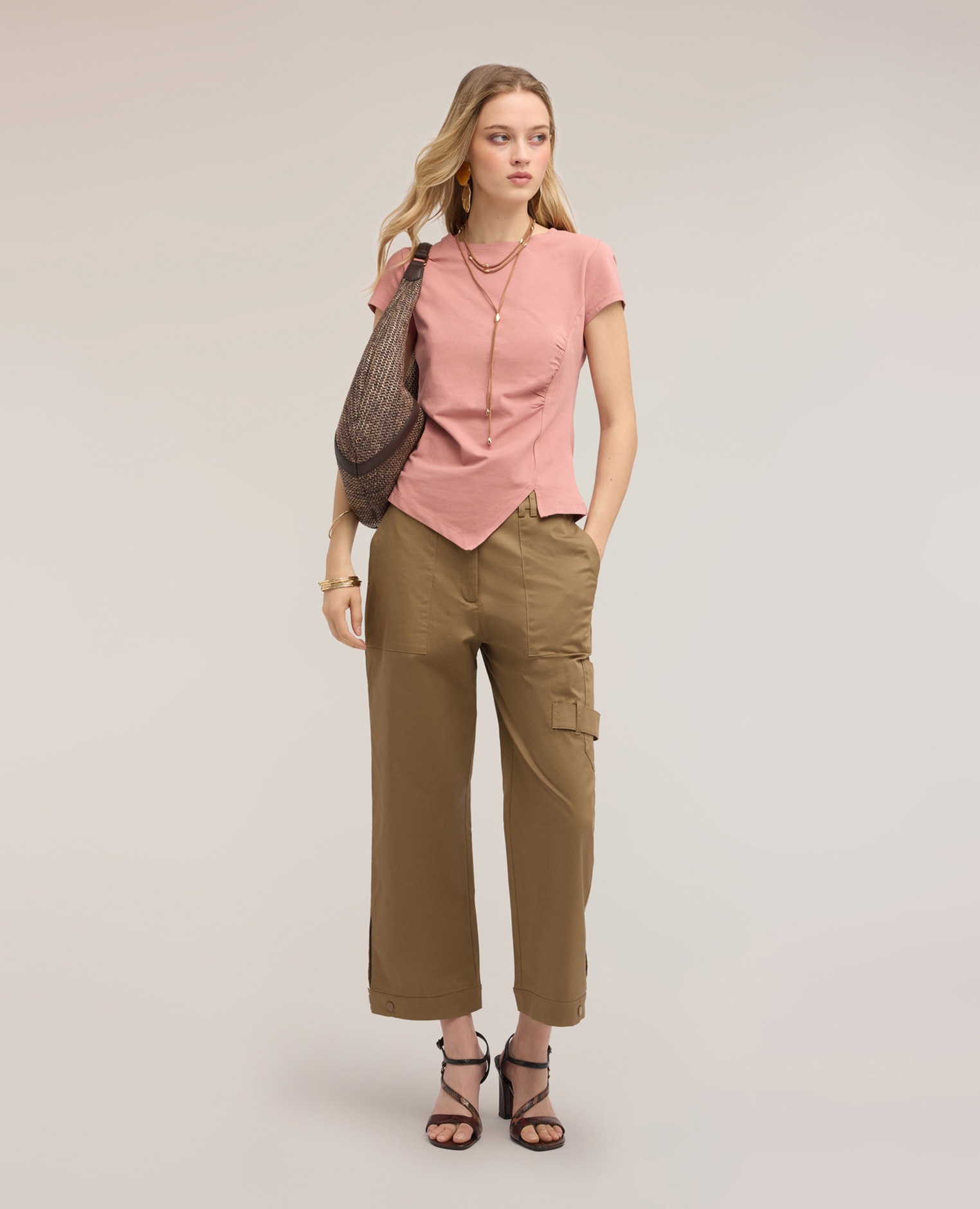 Pantalones de mujer cargo en gabardina de algodón ajuste tapered largo medio - Motivi - Marrón Marrón-1