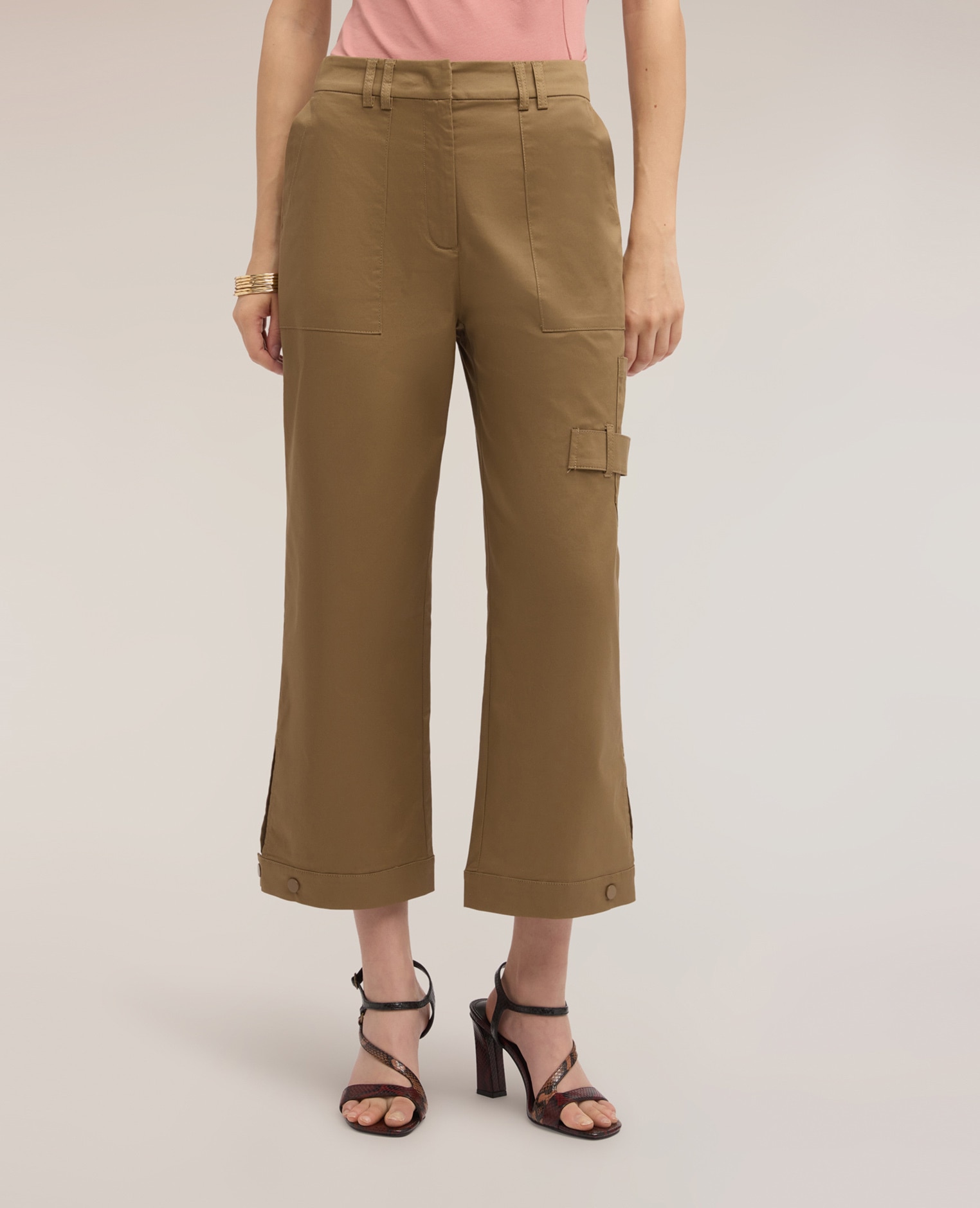 Pantalones de mujer cargo en gabardina de algodón ajuste tapered largo medio - Motivi - Marrón Marrón-3